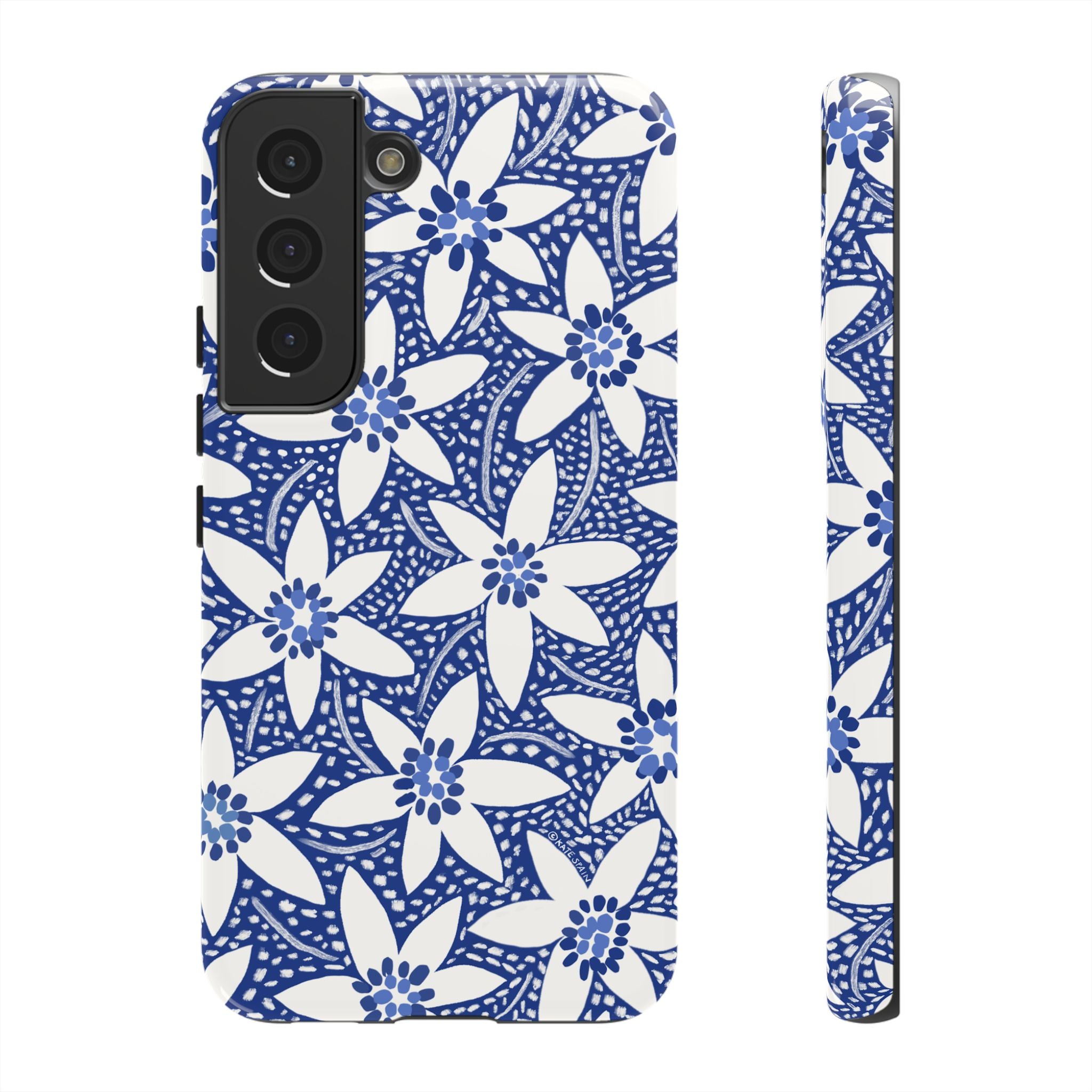 Starflower Samsung Galaxy S22 Case – Glossy | navy, white geometric starflower print