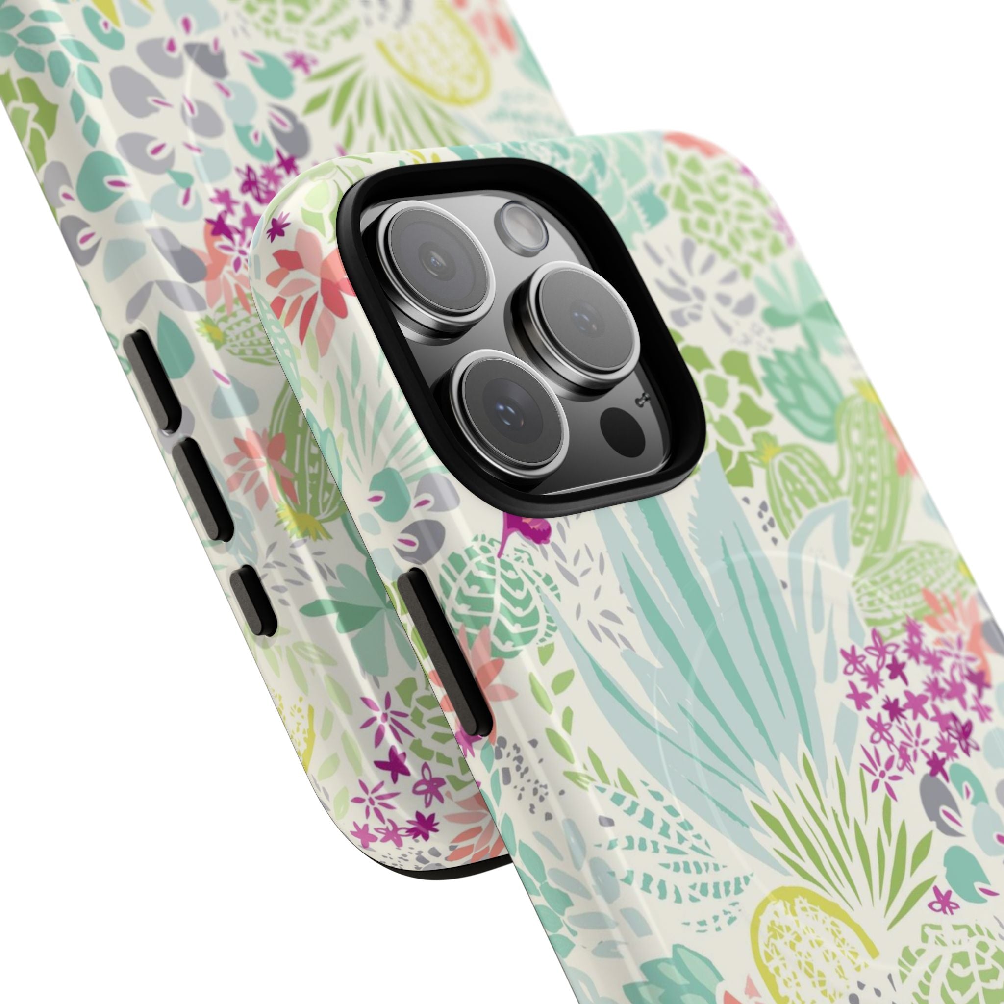 Canyon MagSafe iPhone 16 Pro Max Case – Glossy | cream, sage, aqua, mauve, fuschia botanical succulent print | angled view closeup of camera cutout and buttons