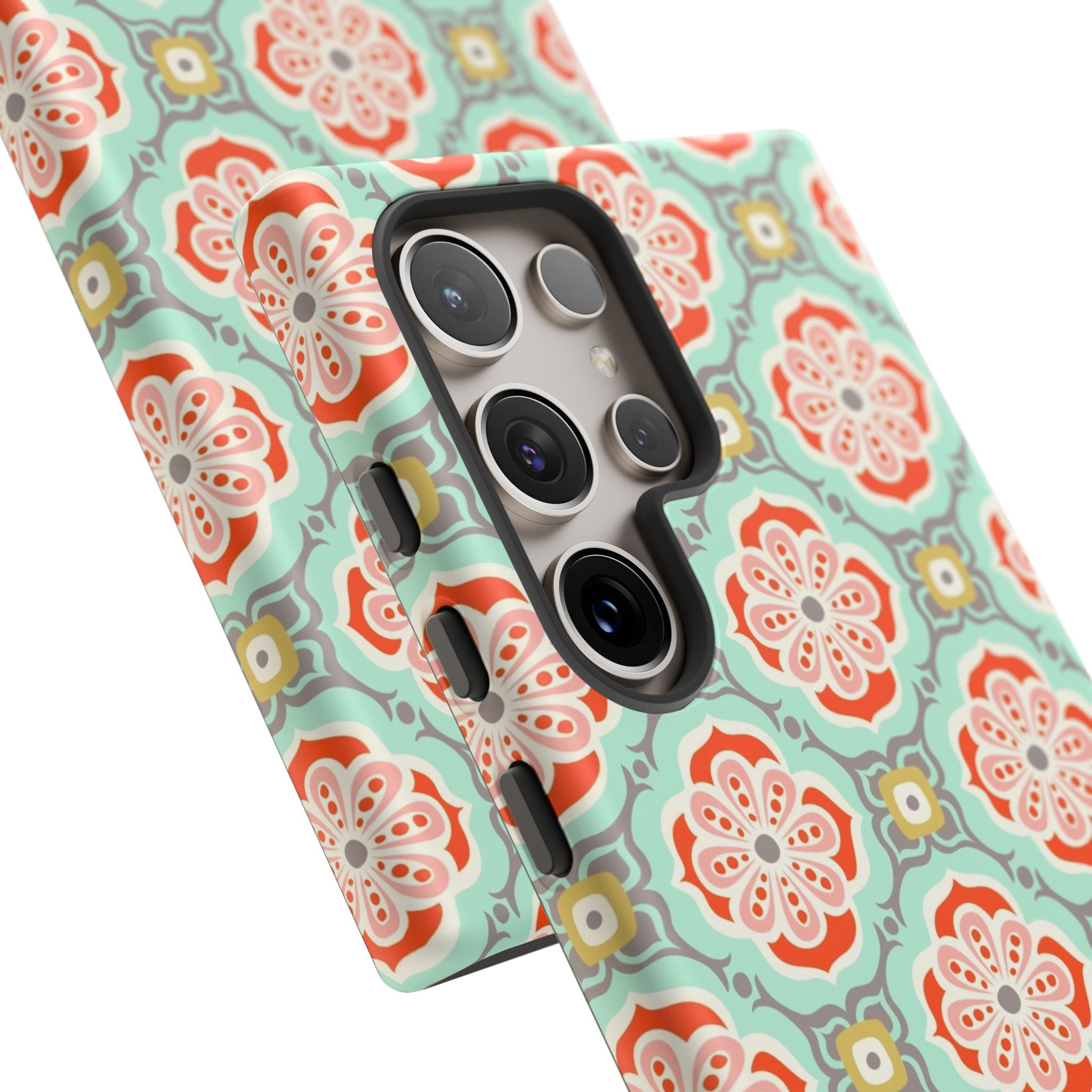 Luxury Alhambra Samsung Galaxy S24 Ultra Case – Glossy | close-up of 5 lenses in camera cutout in case in light turquoise, coral, cream geometric medallion tile print