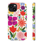 Happy Blooms Tough iPhone 13 Case – Glossy | cream, red, magenta, coral botanical floral print