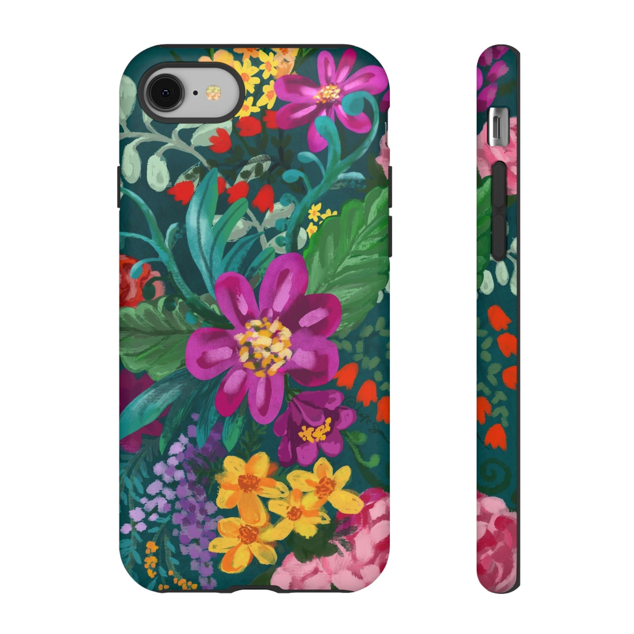Posy Tough iPhone 8 Case – Matte | teal, purple, magenta, yellow botanical wildflower print