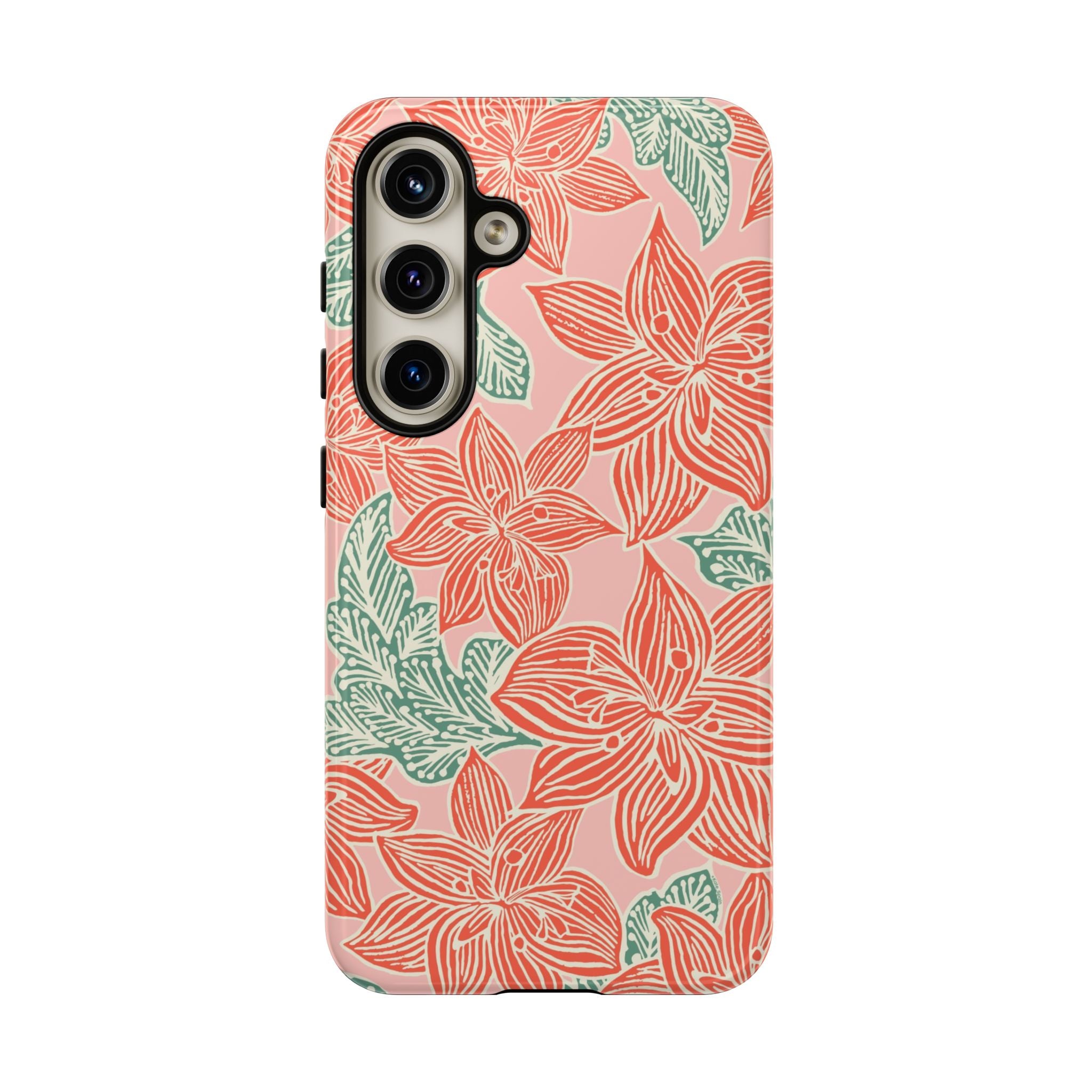 Hibiscus Coral Samsung Galaxy S24 Glossy Case — blush pink hard case with large-scale coral red hibiscus flowers and teal-green leaves in a bold botanical linework print, densely layered across the surface