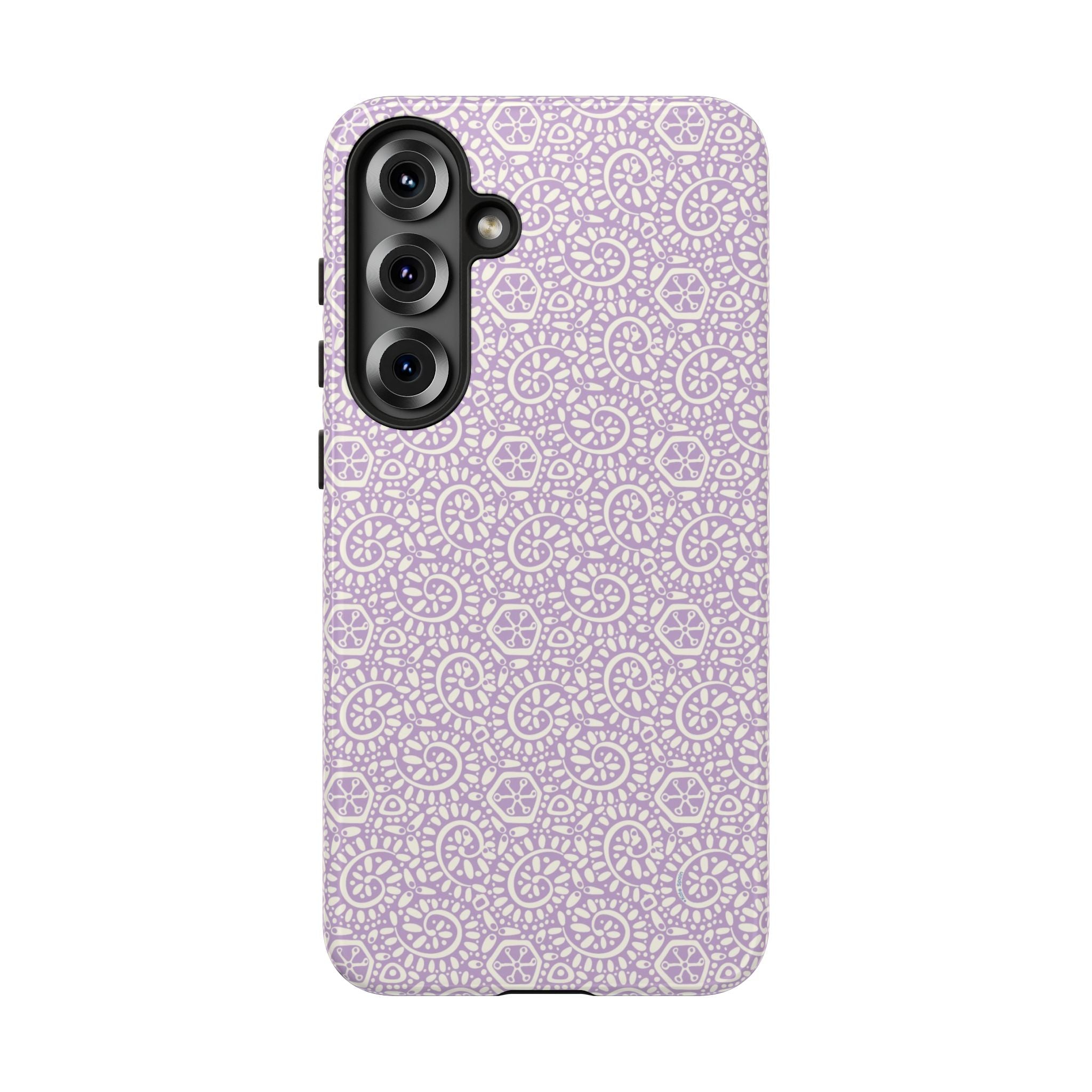Canto Swirls Lavender Samsung Galaxy S25 Plus Glossy Case — lavender hard case covered in an intricate folk-art medallion pattern of radiating circular motifs, dot clusters, and geometric centers