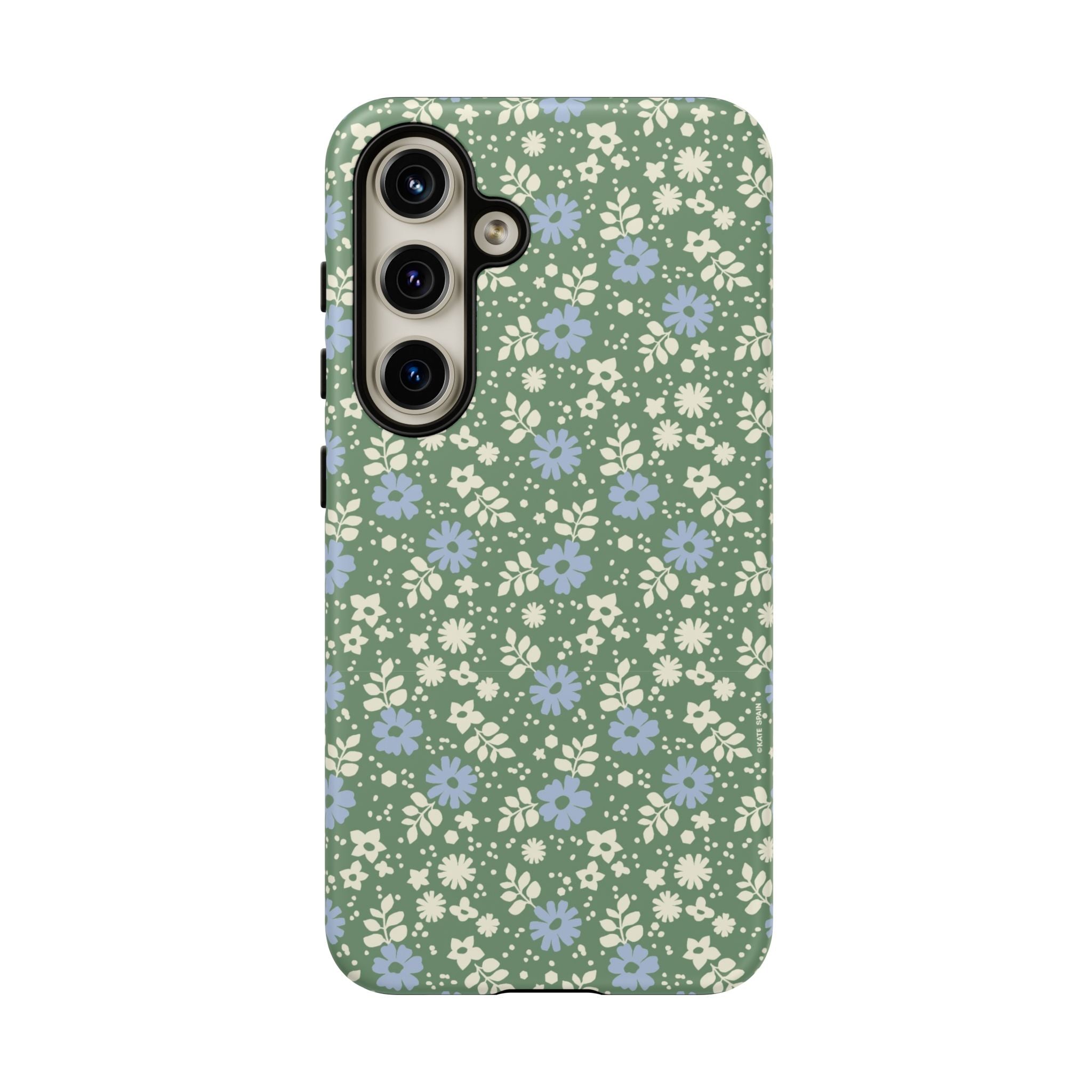 Cottage Core Cute Petaline Samsung Galaxy S24 Case – Matte | green background with white and blue ditsy florals