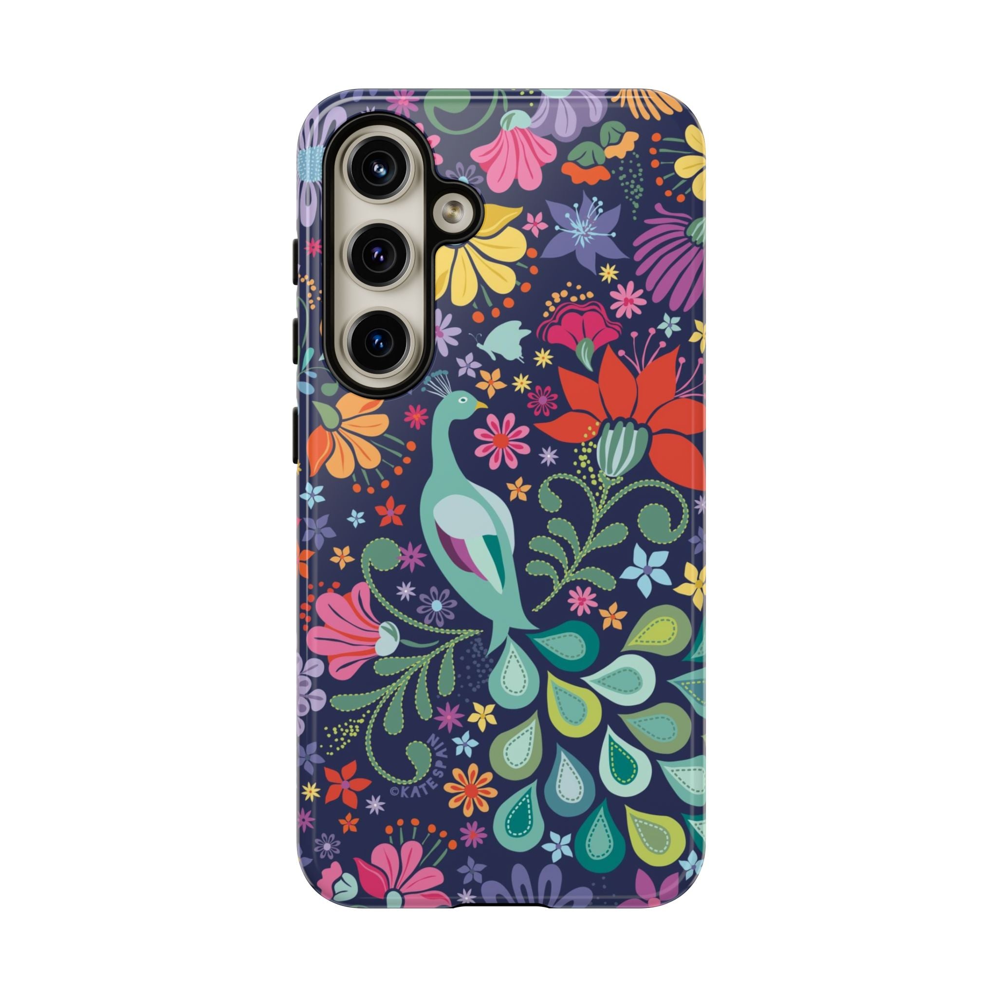 Luxury Peacock Sanctuary Samsung Galaxy S24 Case – Glossy | navy, teal, coral multicolor vibrant peacock feather botanical print