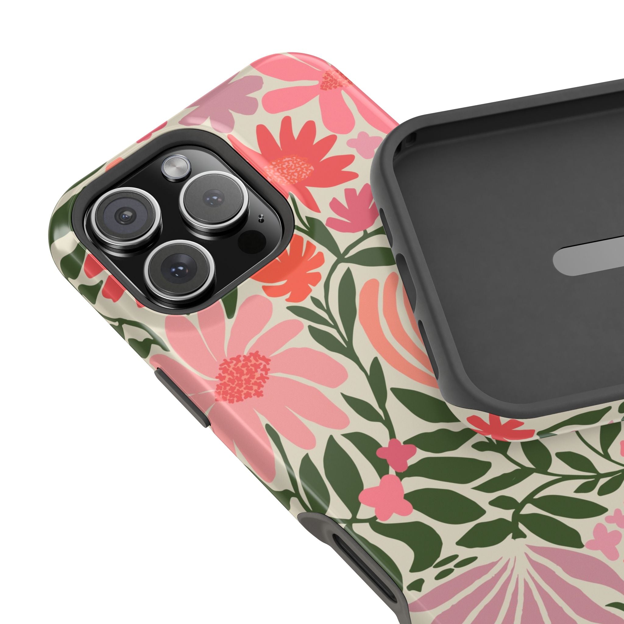 Botanica MagSafe iPhone 16 Pro Max Case – Glossy | front view, coral and pink florals edge to edge
