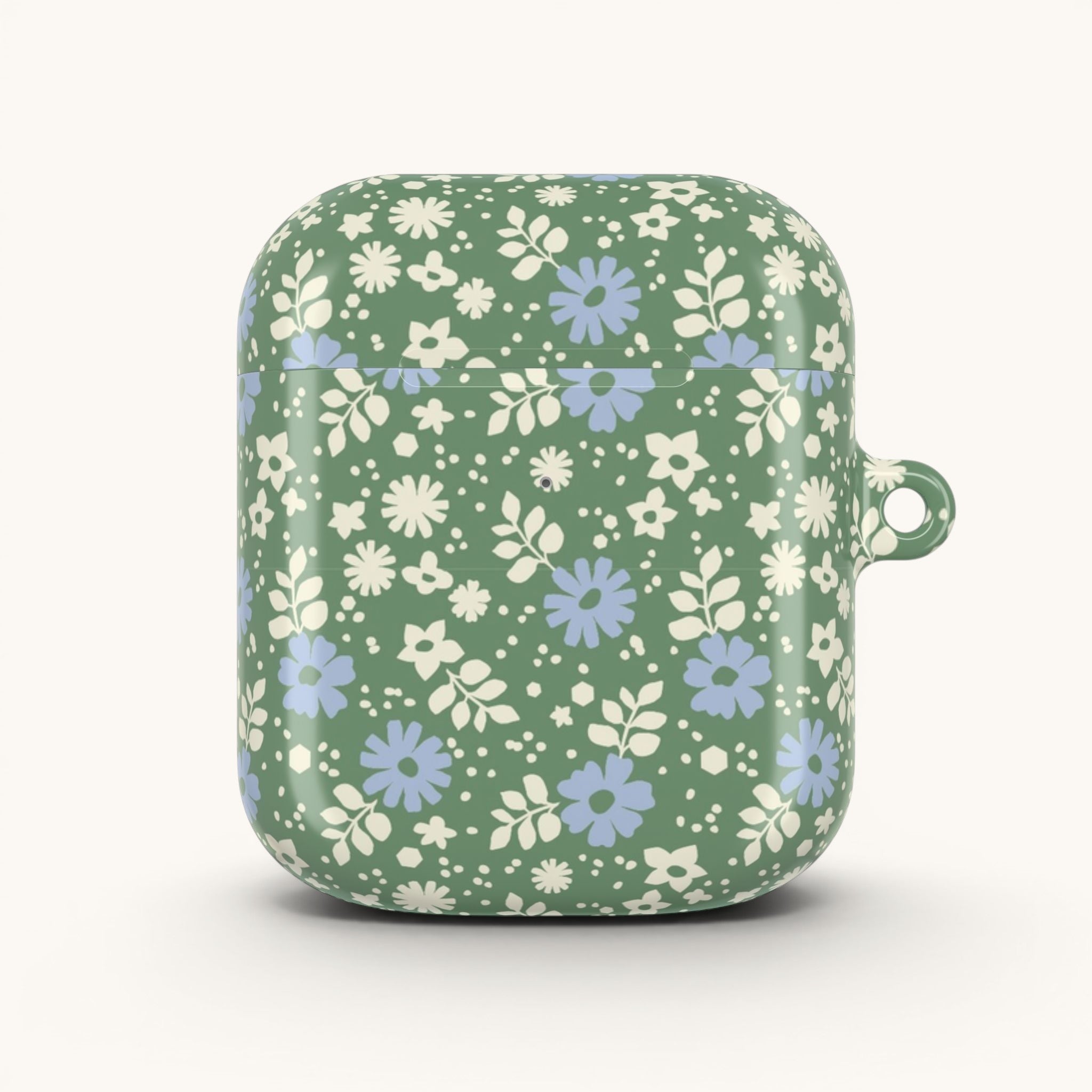 AirPods Gen 2 case – Glossy | periwinkle and cream ditsy flowers on sage green ground