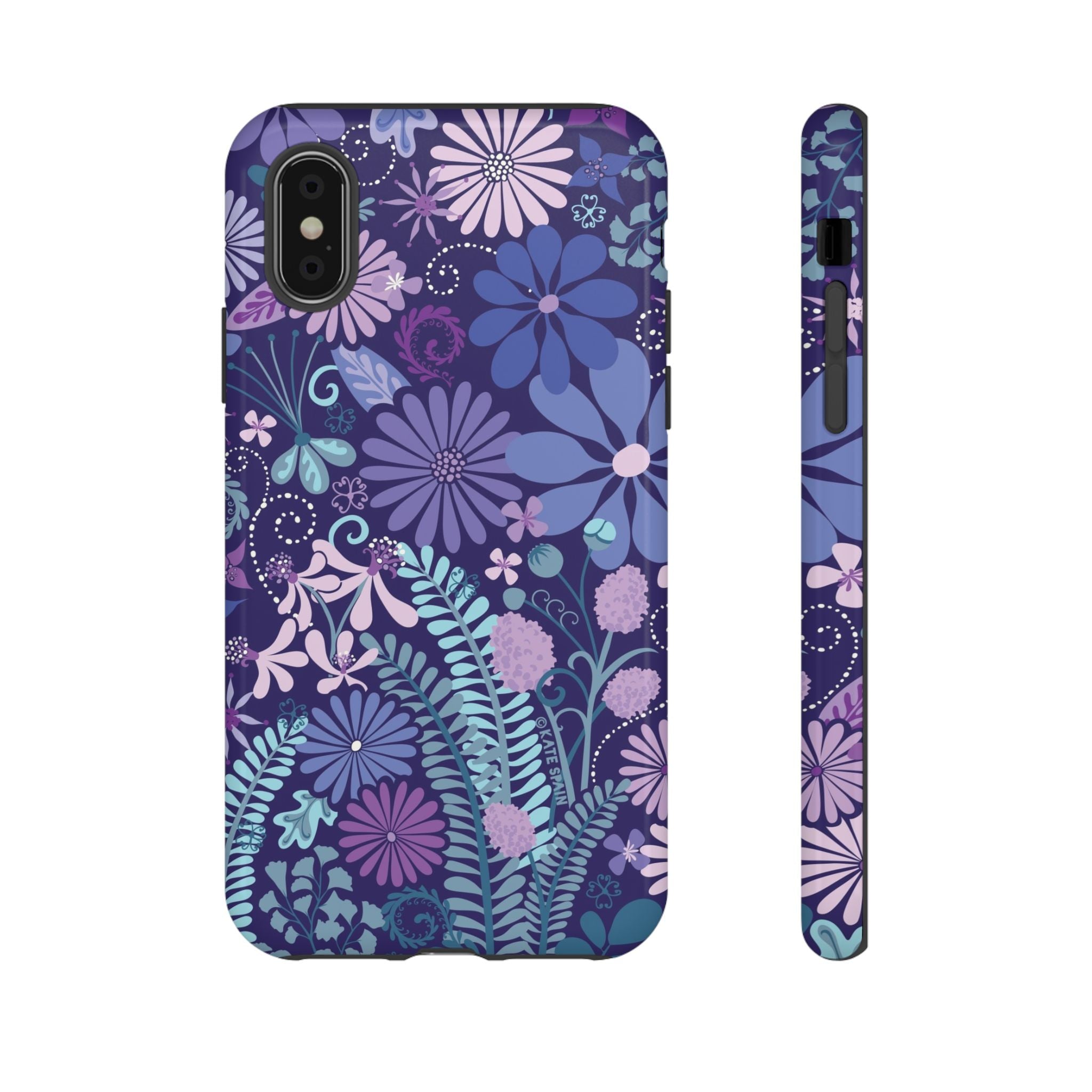 Luxury Terrain Tough iPhone X Case – Glossy | navy, purple, aqua botanical woodland floral print
