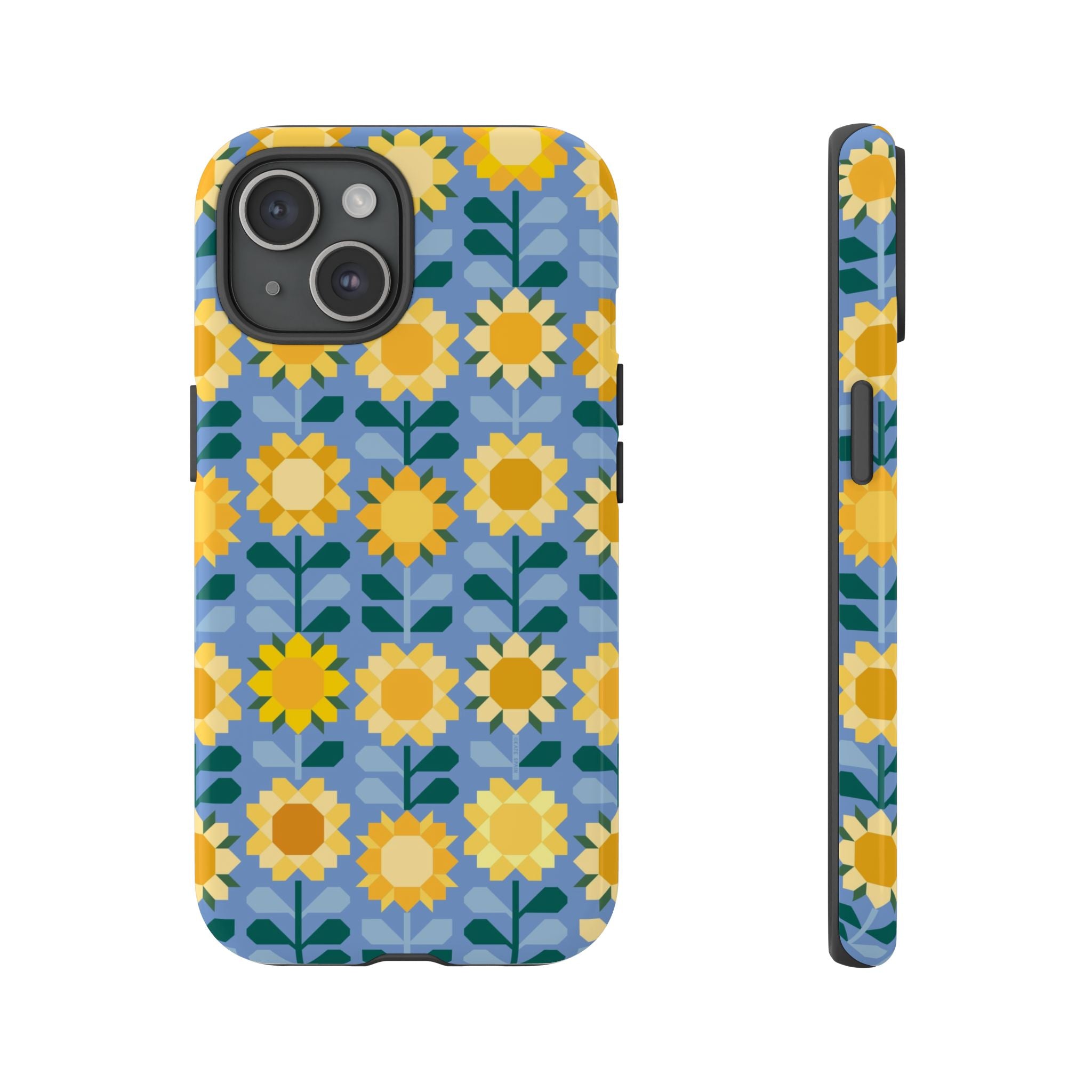 Sunflowers Tough iPhone 15 Case – Glossy | blue, yellow, gold geometric sunflower print