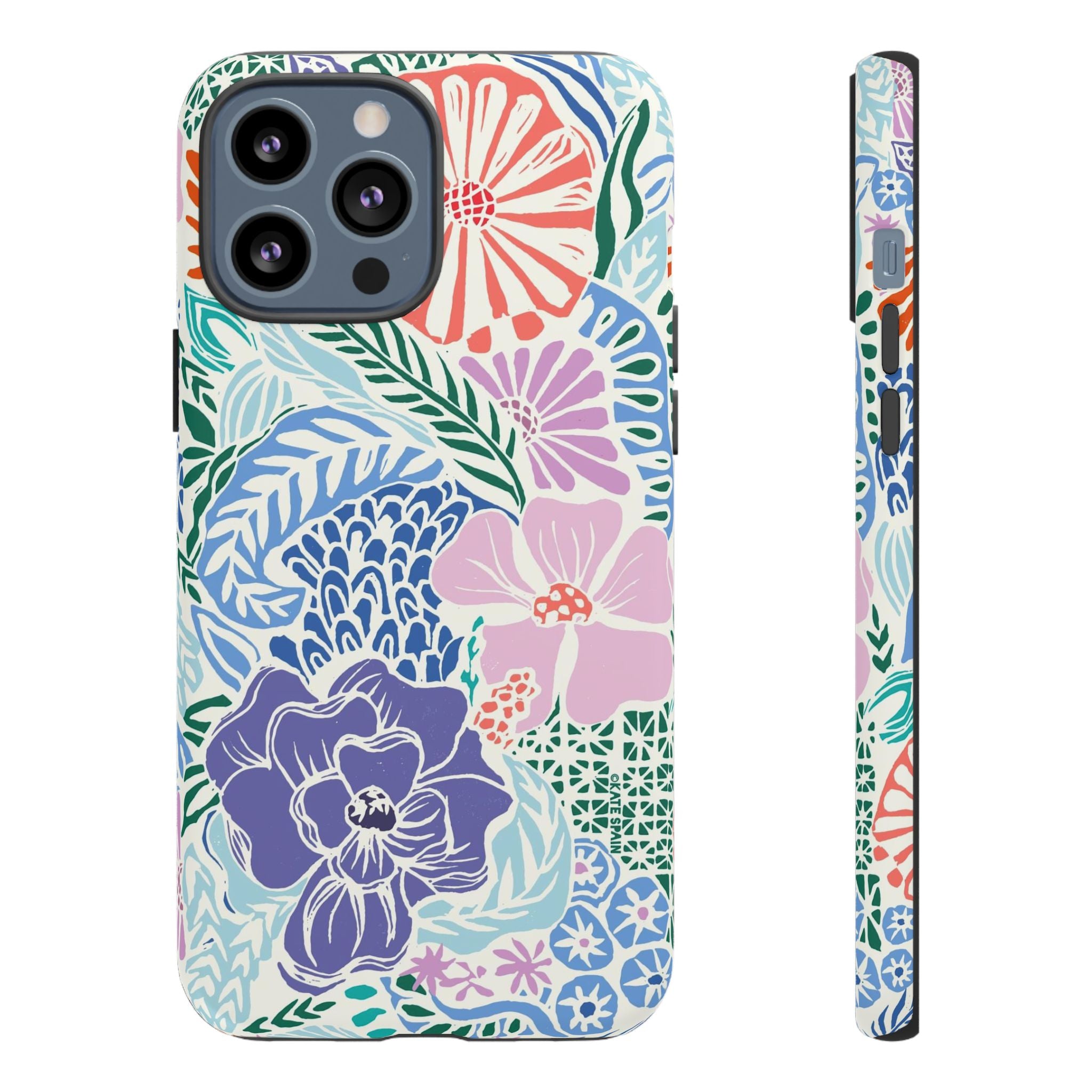 Tropica Tough iPhone 13 Pro Max Case – Matte | purple, coral, pink, blue botanical tropical floral print