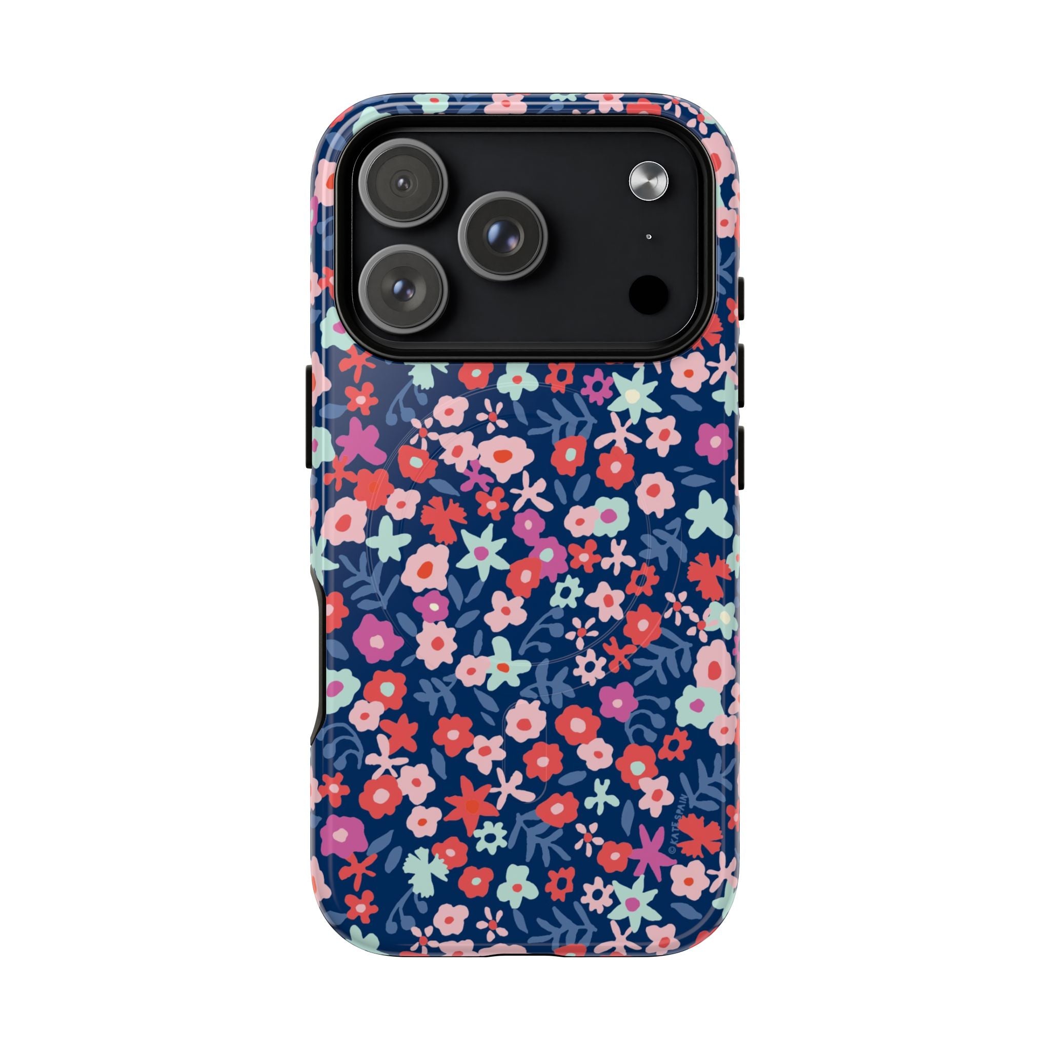 Primrose MagSafe iPhone 17 Pro Case – Glossy | navy, pink, white ditsy floral print