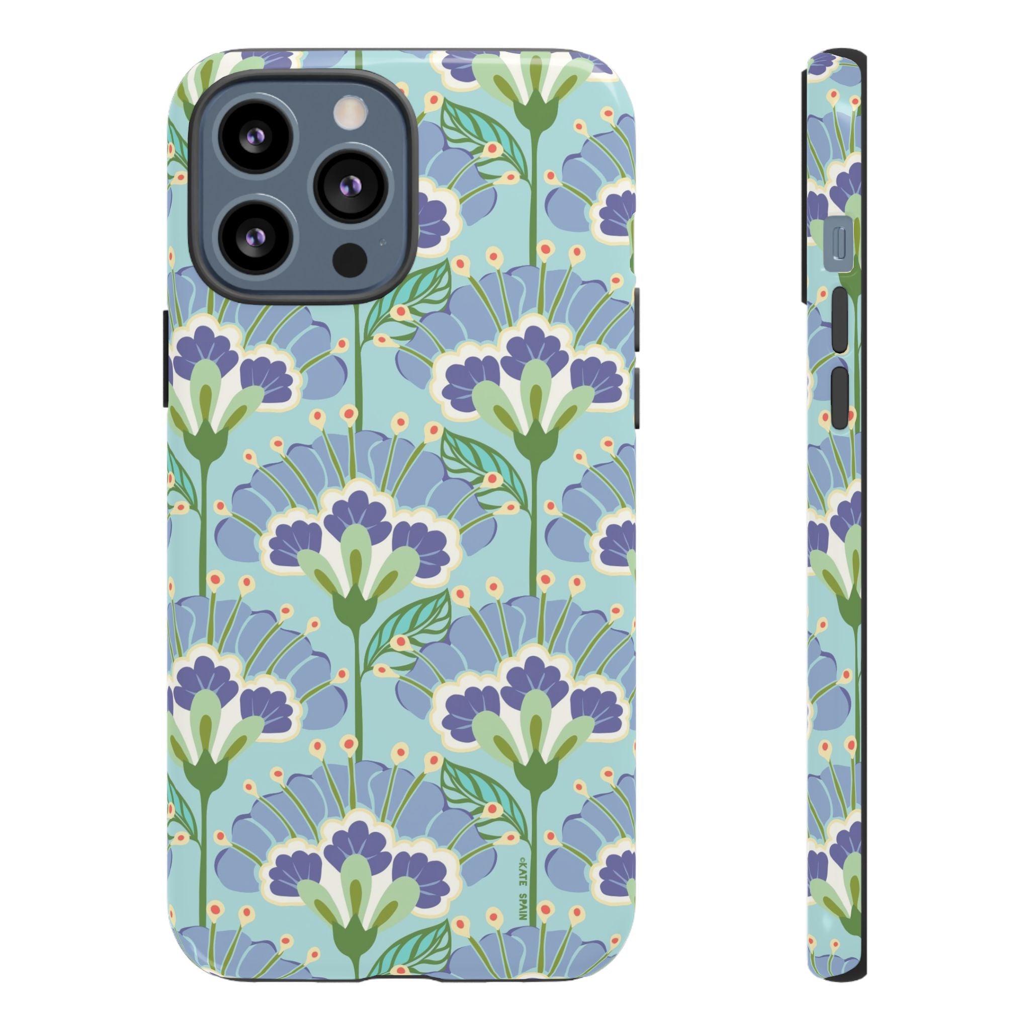 Lantern Flower Tough iPhone 13 Pro Max Case – Glossy | aqua, periwinkle, green botanical lantern floral print