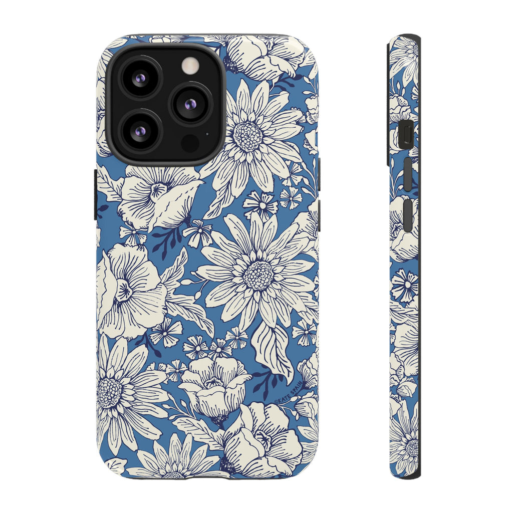 Jardin Tough iPhone 13 Pro Case – Glossy | blue and cream botanical garden print