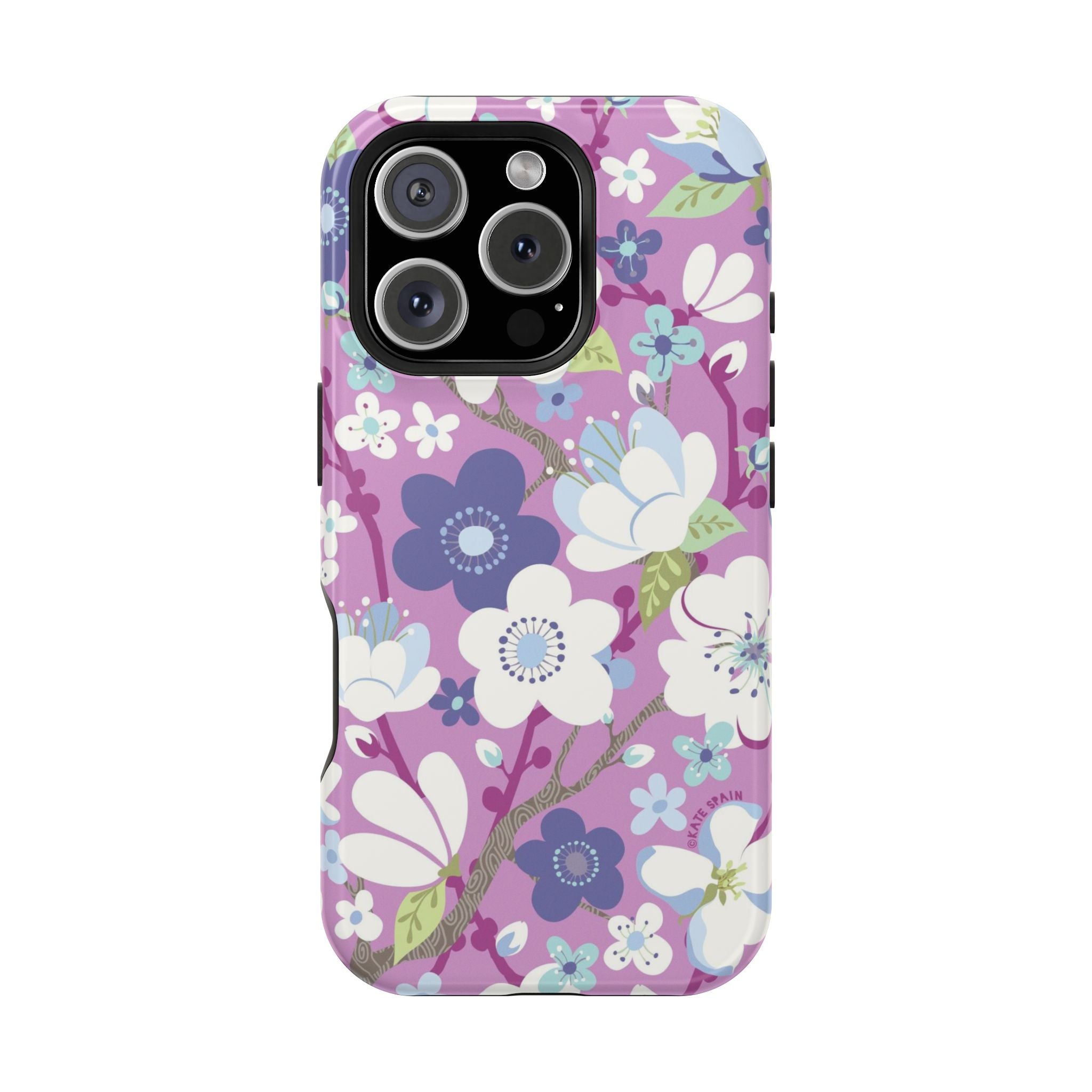Luxury Cherry Blossom MagSafe iPhone 17 Pro Case – Glossy | mauve, purple, blue, white cherry blossom print
