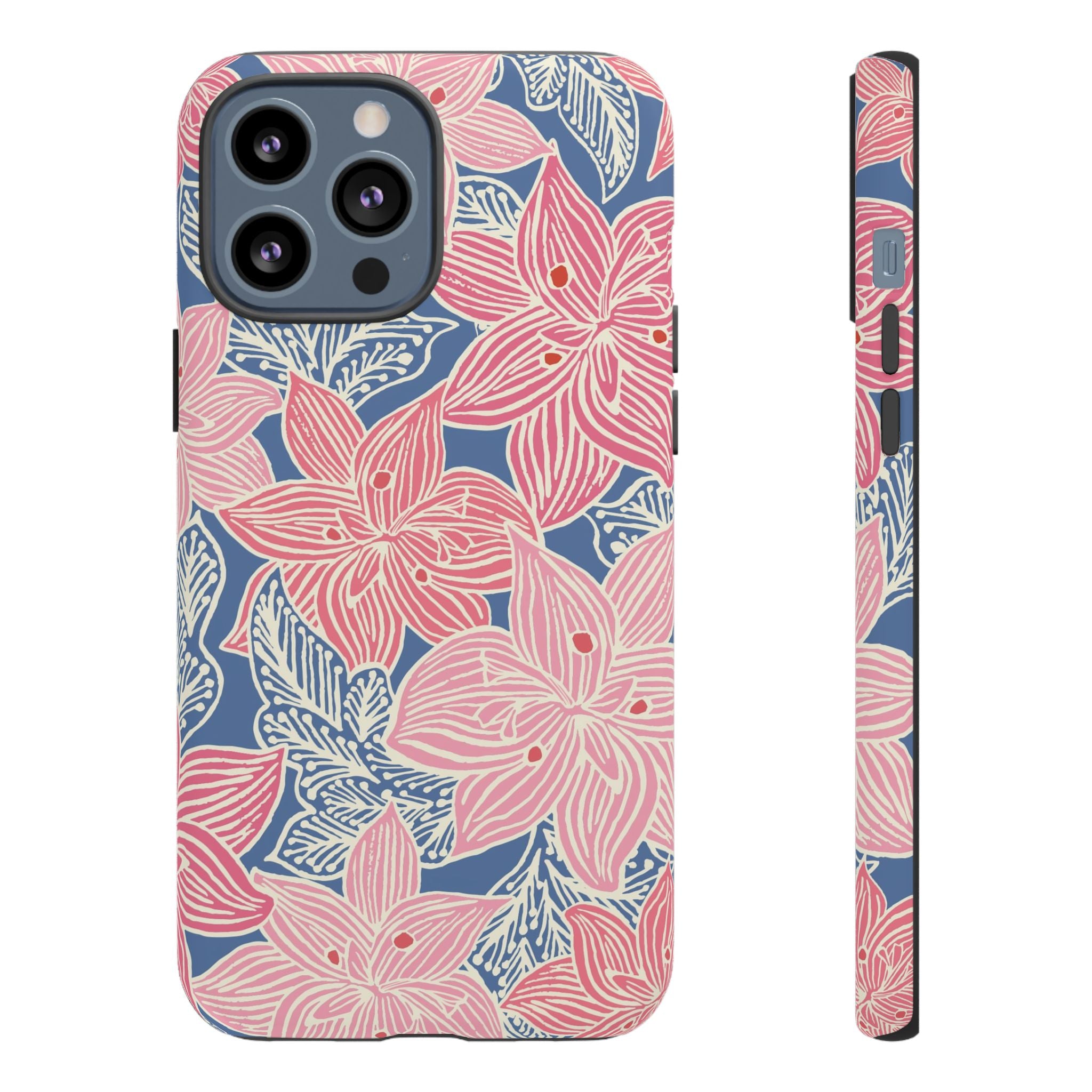 Hibiscus Lagoon Tough iPhone 13 Pro Max Case – Matte | coral, blush, cream, dusty blue hibiscus botanical print