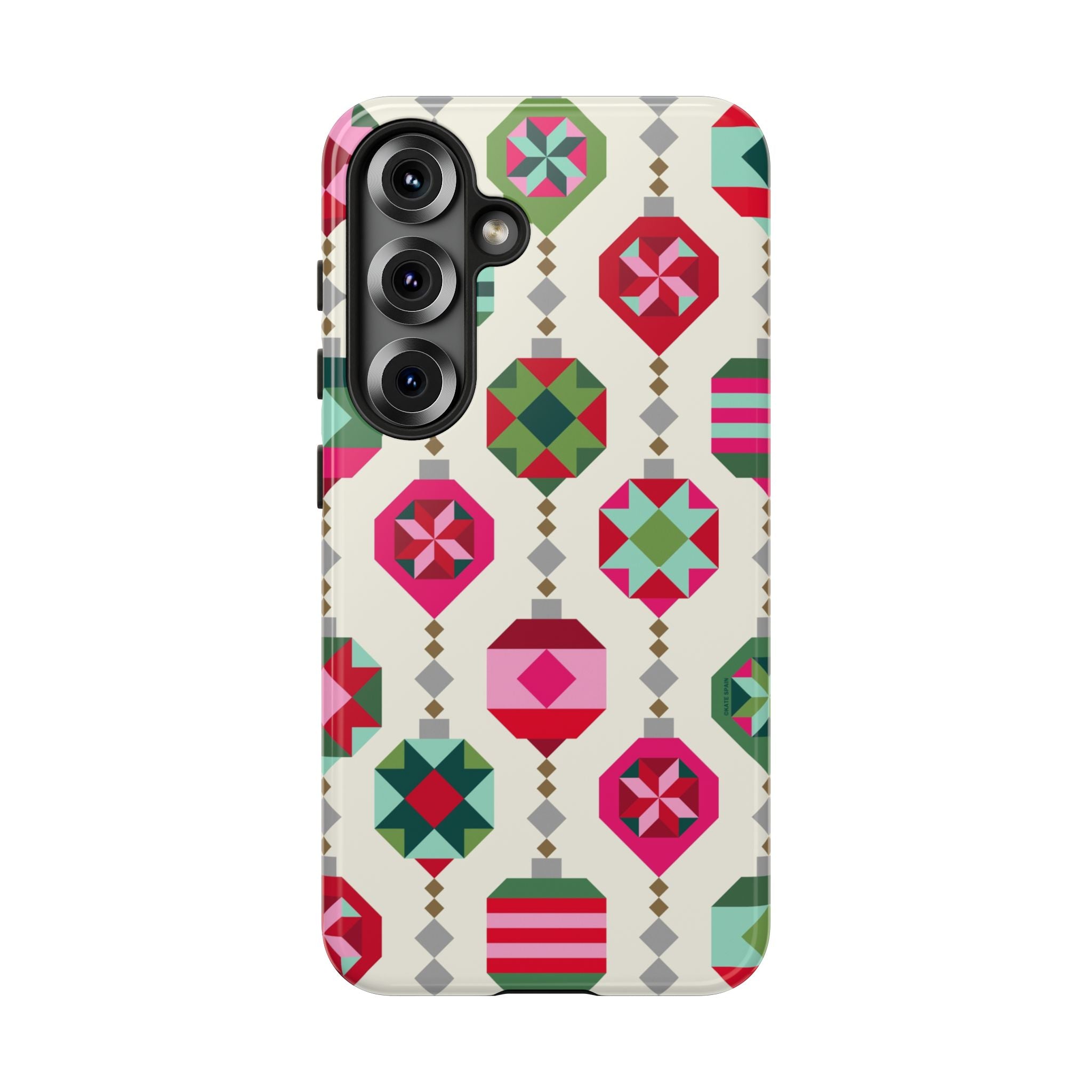Felicity Ornaments Samsung Galaxy S25 Case – Glossy | cream, red, pink, green, mint geometric quilted ornament print