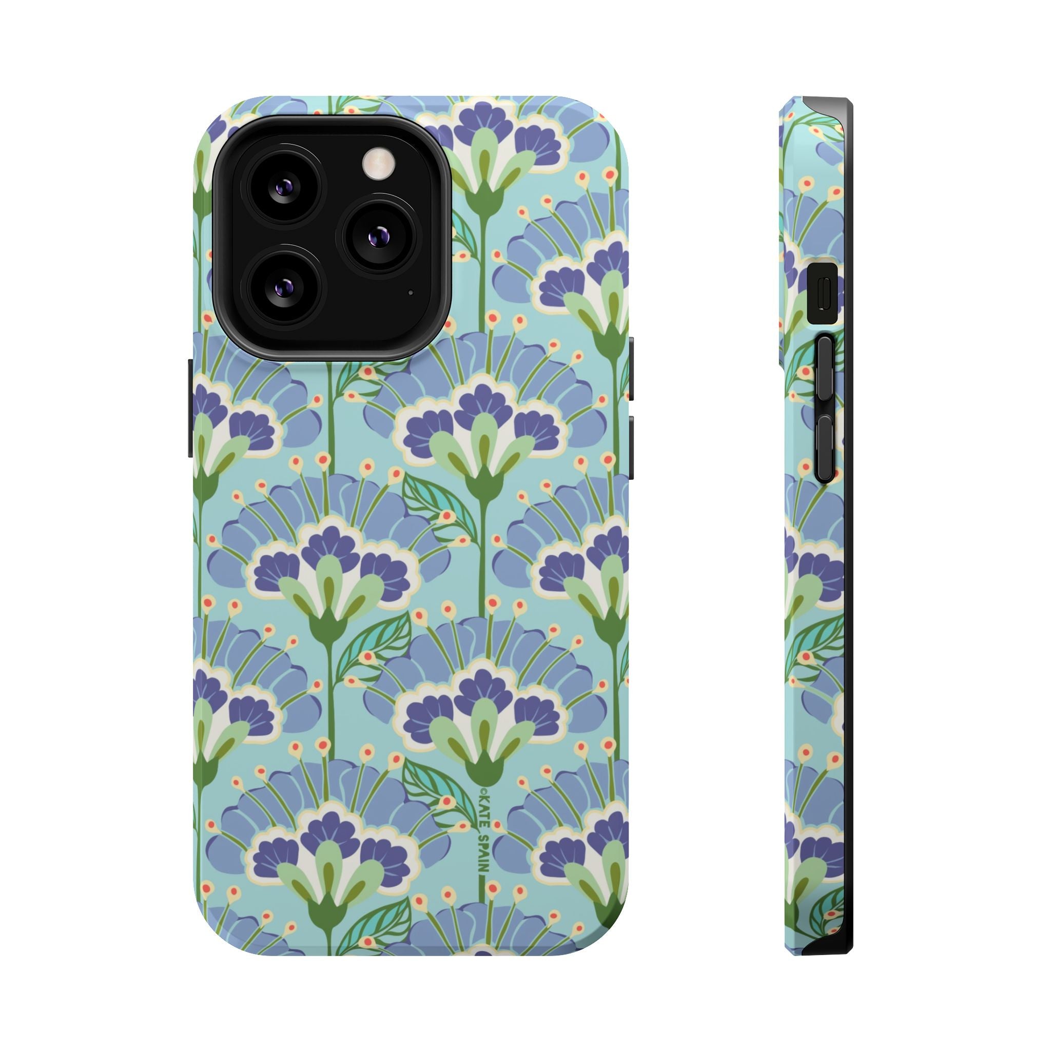 Lantern Flower MagSafe iPhone 13 Pro Case – Matte | aqua, periwinkle, green botanical lantern floral print MagSafe compatible, dual-layer protection