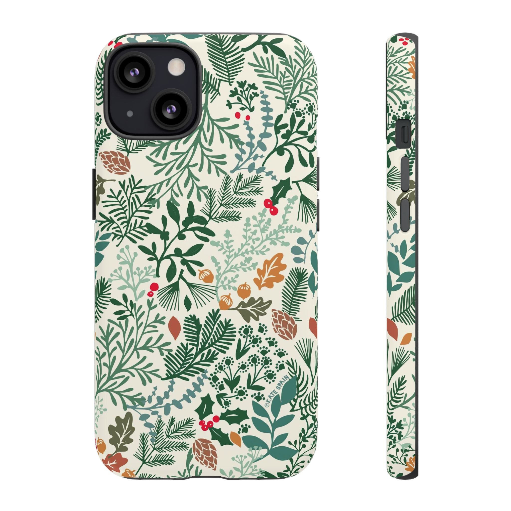 Juniper Tough iPhone 13 Case – Glossy | cream, green, red botanical woodland print