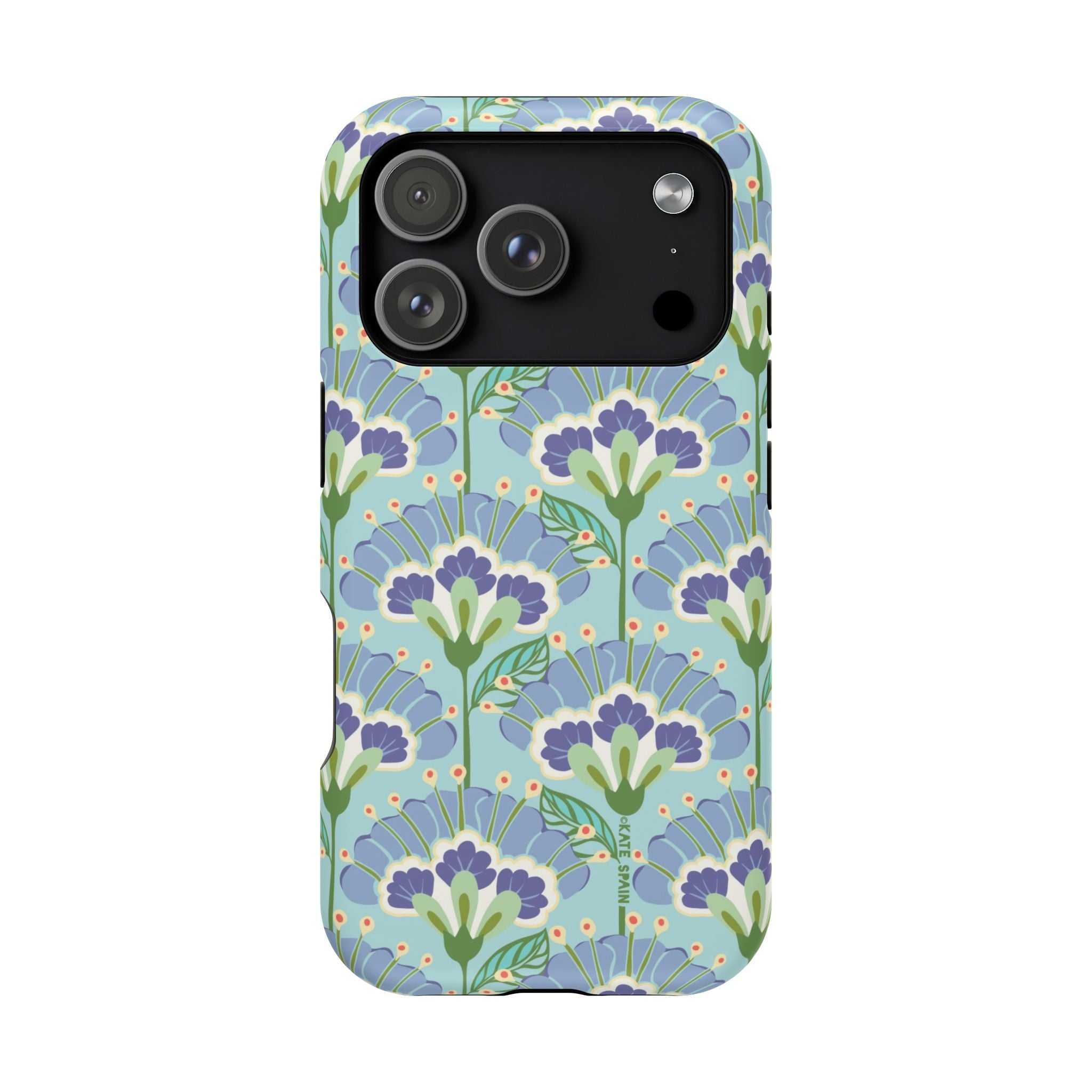 Lantern Flower MagSafe iPhone 17 Pro Case – Matte | aqua, periwinkle, green botanical lantern floral print MagSafe compatible, dual-layer protection