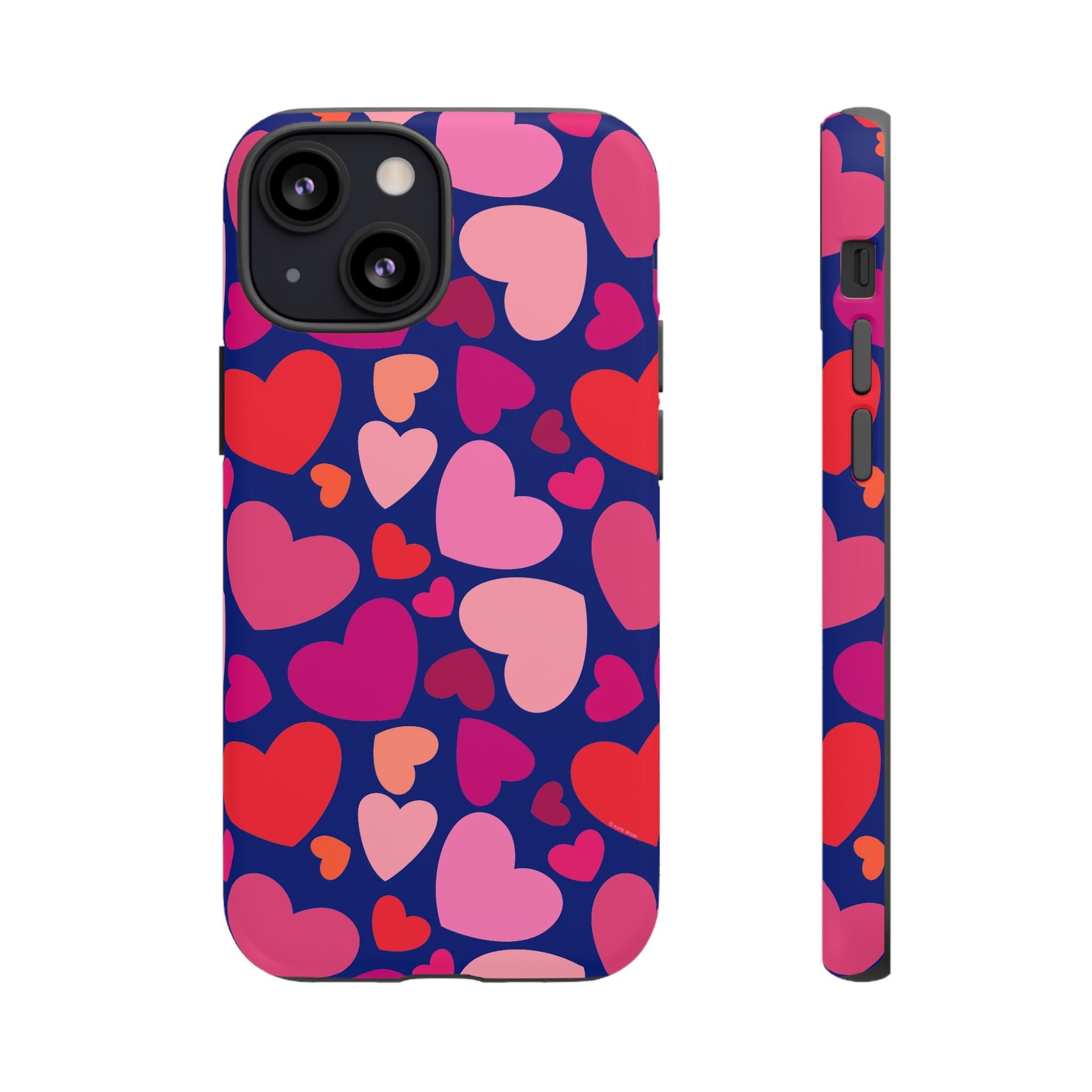 Hearts Tough iPhone 13 Mini Case – Matte | navy, pink, red, coral scattered heart print