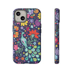 Peacock Sanctuary Tough iPhone 14 Case – Matte | navy, teal, coral multicolor vibrant peacock feather botanical print