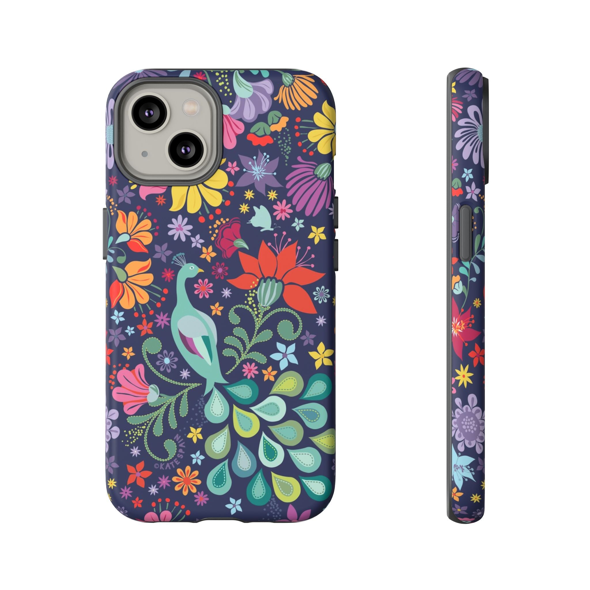 Peacock Sanctuary Tough iPhone 14 Case – Matte | navy, teal, coral multicolor vibrant peacock feather botanical print