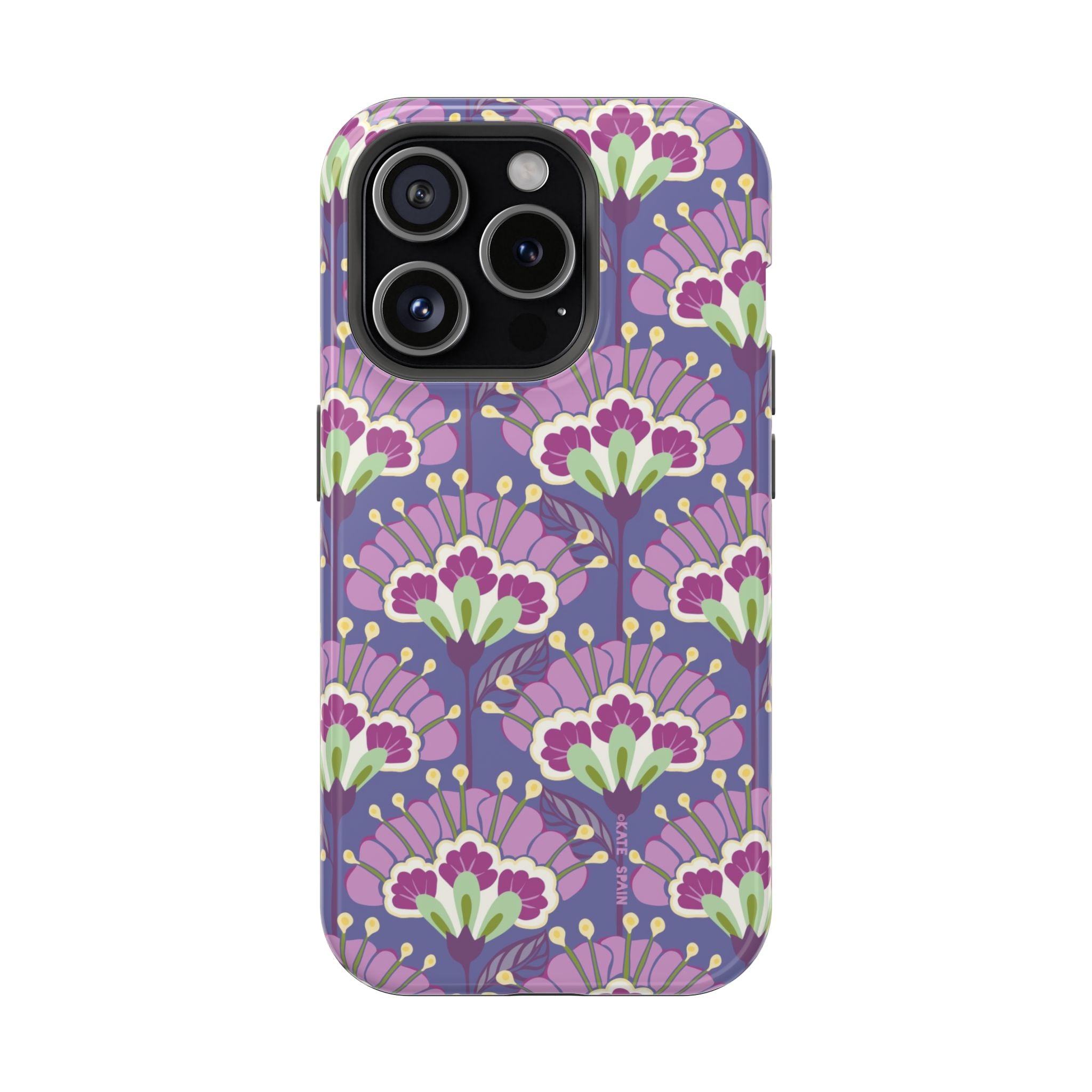 Lantern Flower MagSafe iPhone 15 Pro Case – Glossy | periwinkle, purple, mauve, sage botanical lantern floral print MagSafe compatible, dual-layer protection