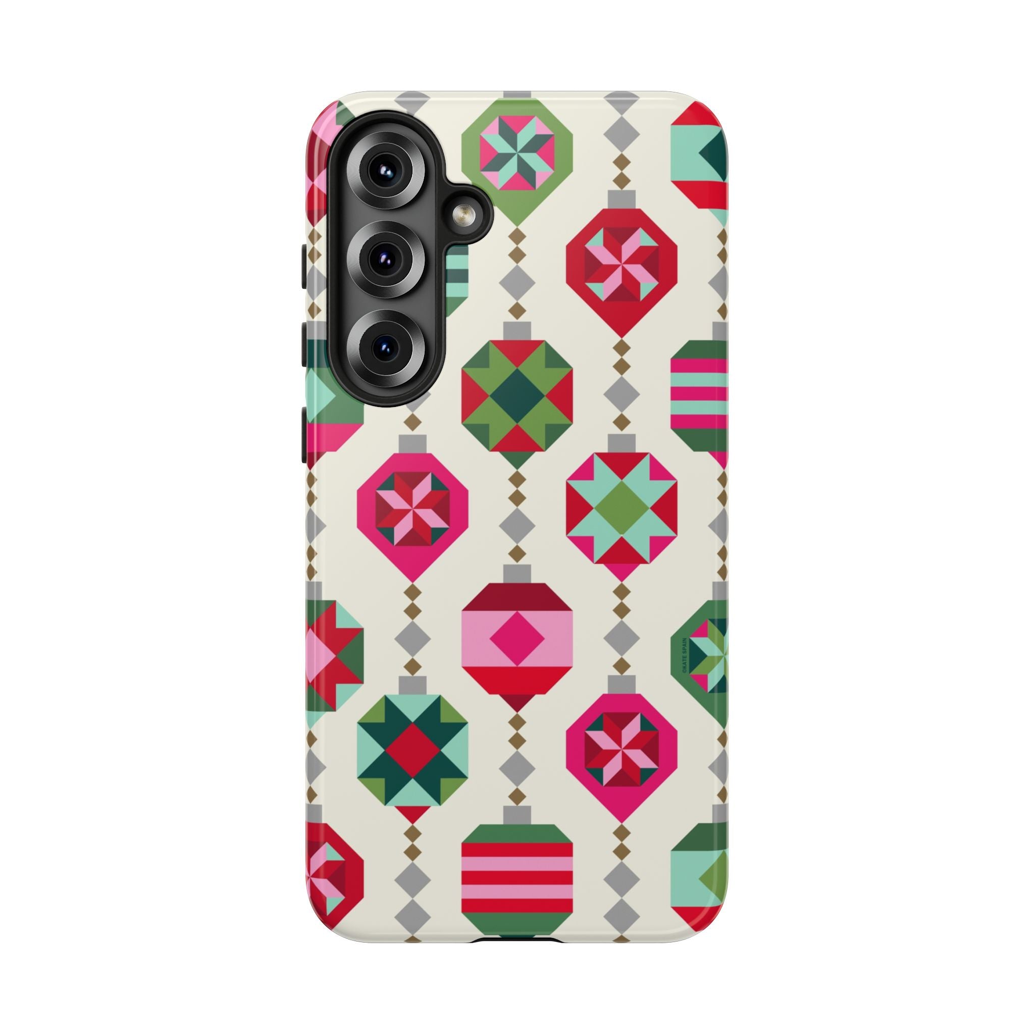 Felicity Ornaments Samsung Galaxy S25 Plus Case – Glossy | cream, red, pink, green, mint geometric quilted ornament print