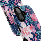 Bonaire MagSafe iPhone 17 Case – Glossy | navy, pink, white tropical floral botanical print | angled view closeup of camera cutout and buttons