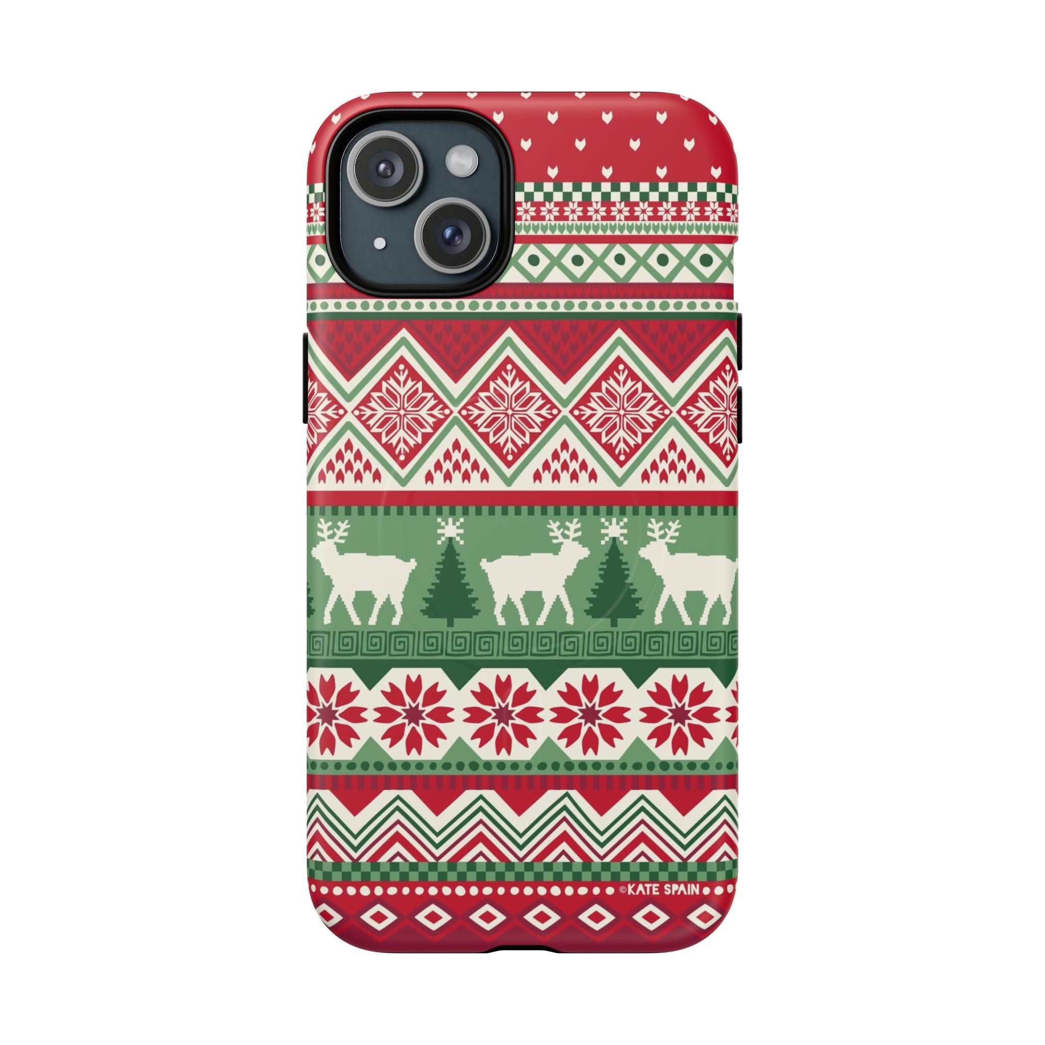 Telemark MagSafe iPhone 15 Plus Case – Matte | red, green, and cream fair isle Christmas sweater print with snowflakes, reindeer, and trees
