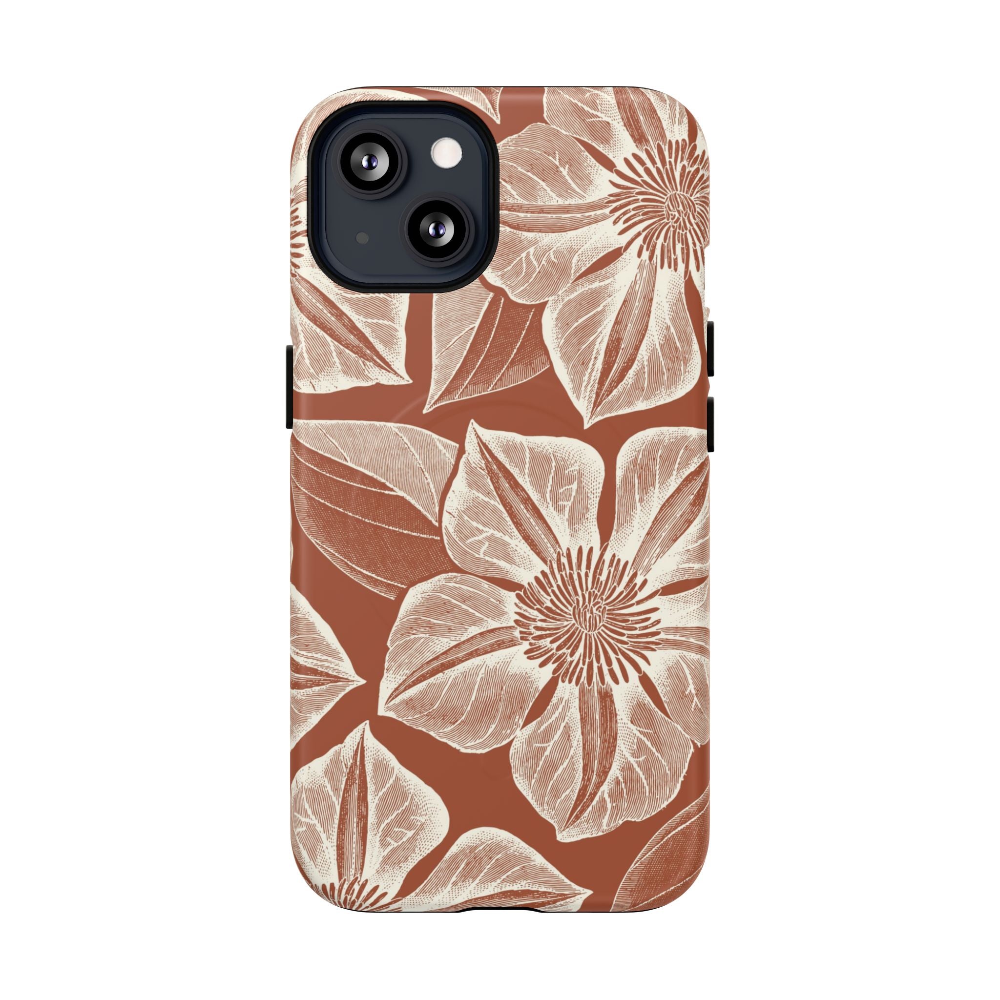 Vintage Bloom Sienna MagSafe iPhone 13 – Matte | sienna ground, large-scale cream clematis print, engraved petal detail, dual-layer protection