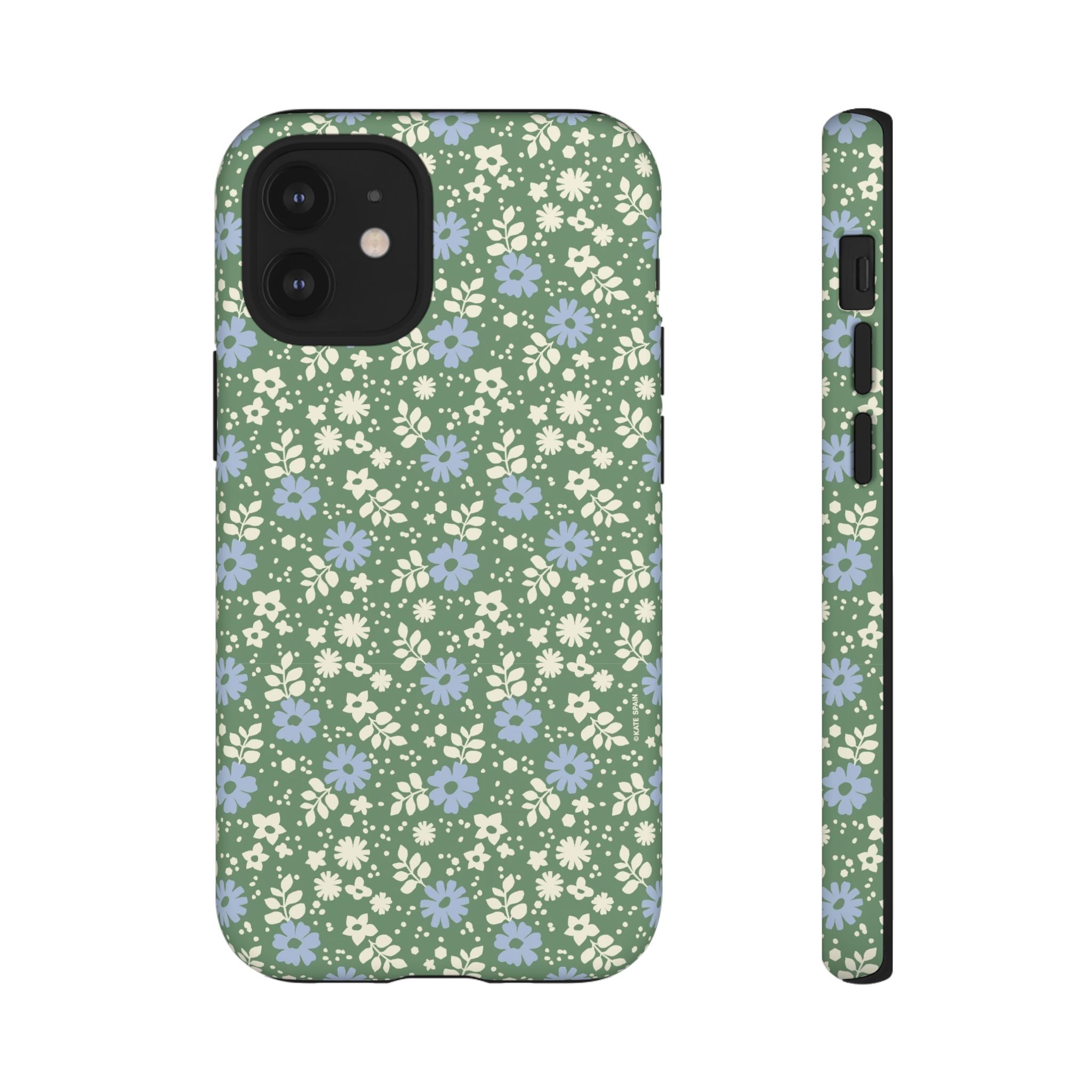Petaline Tough iPhone 12 Mini Case – Matte | green, blue, cream ditsy floral print