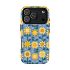 Sunflowers MagSafe iPhone 17 Pro Case – Matte | blue, yellow, gold geometric sunflower print