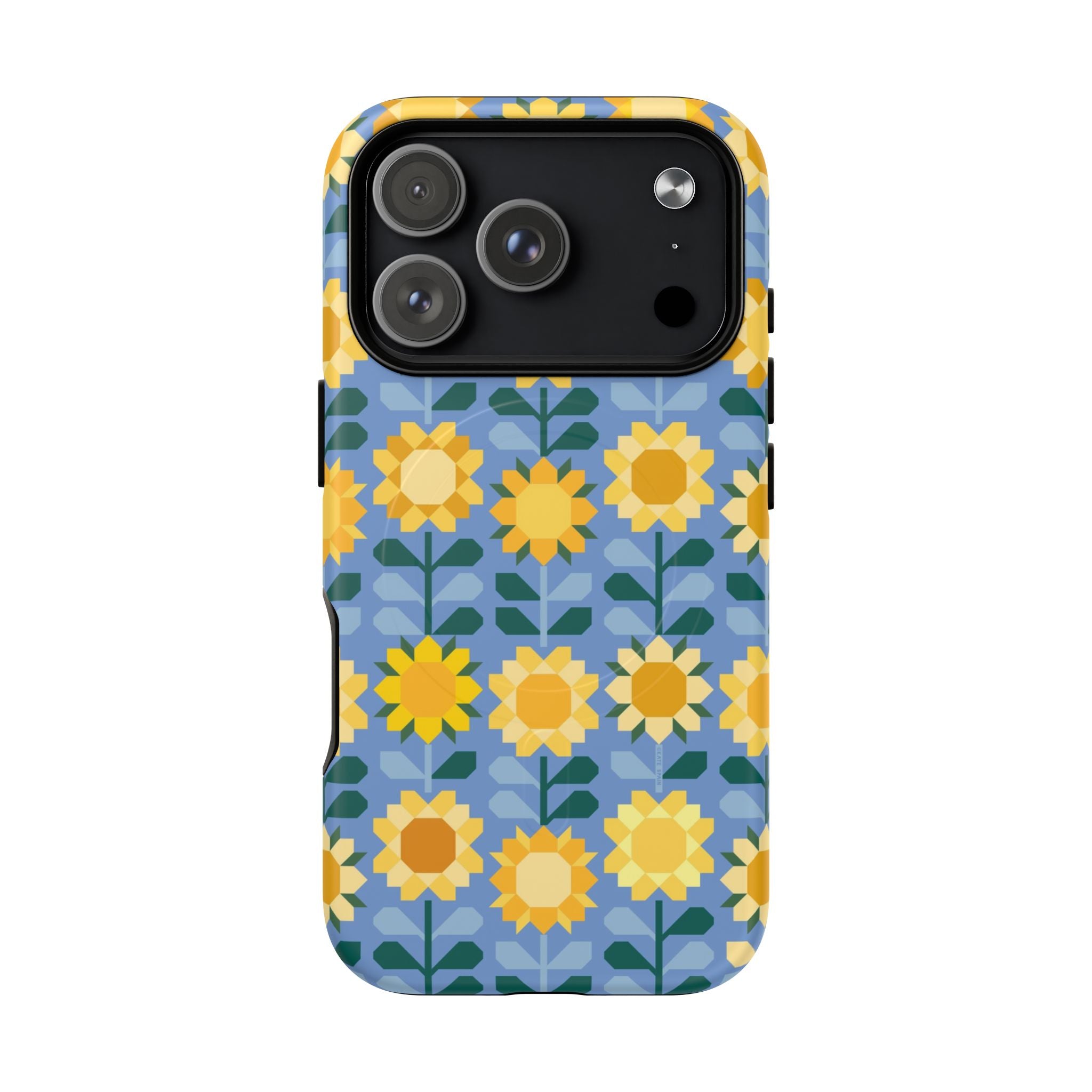 Sunflowers MagSafe iPhone 17 Pro Case – Matte | blue, yellow, gold geometric sunflower print