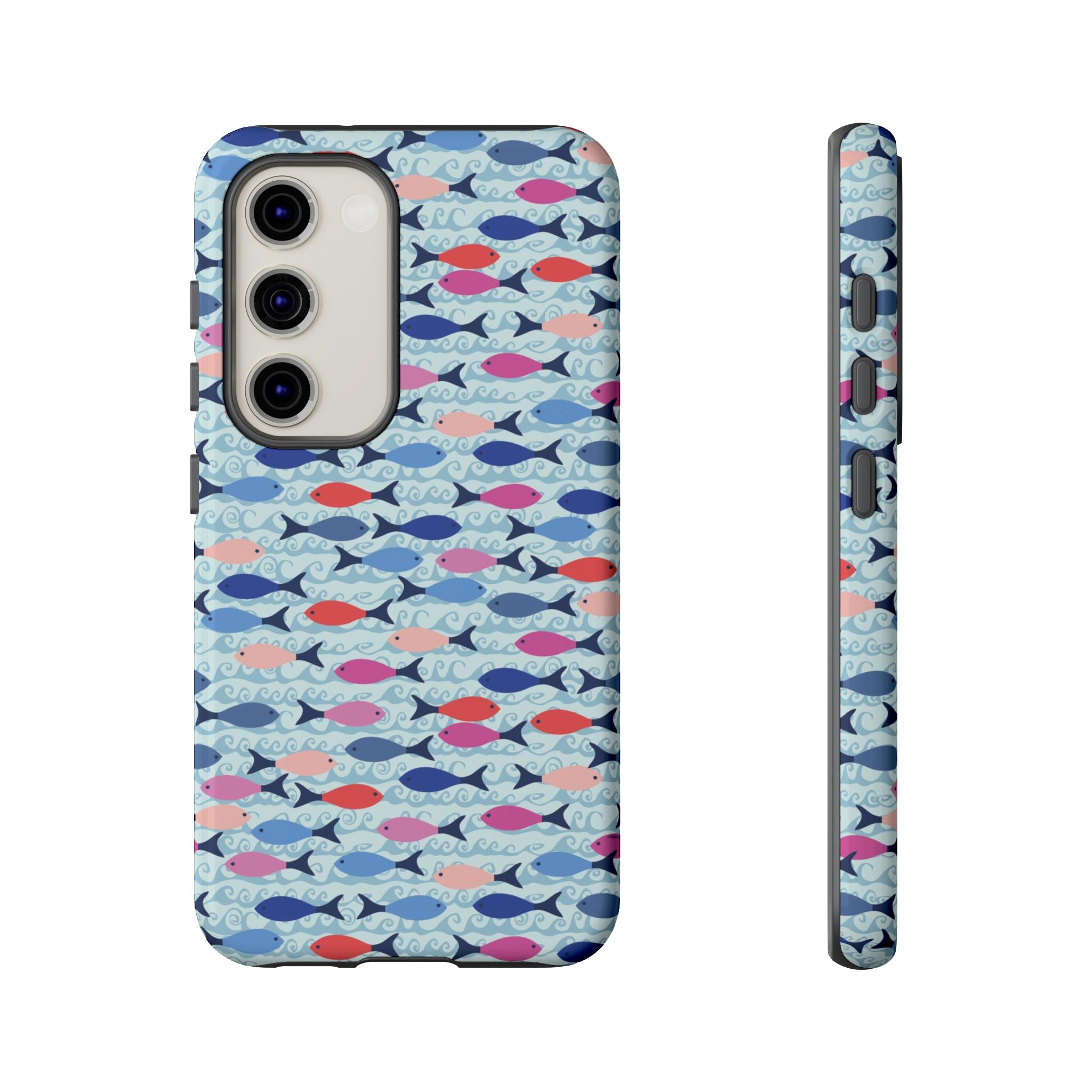 Summer Minnows Samsung Galaxy S23 Case – Glossy | navy, coral, pink, and periwinkle fish on a pale aqua ground