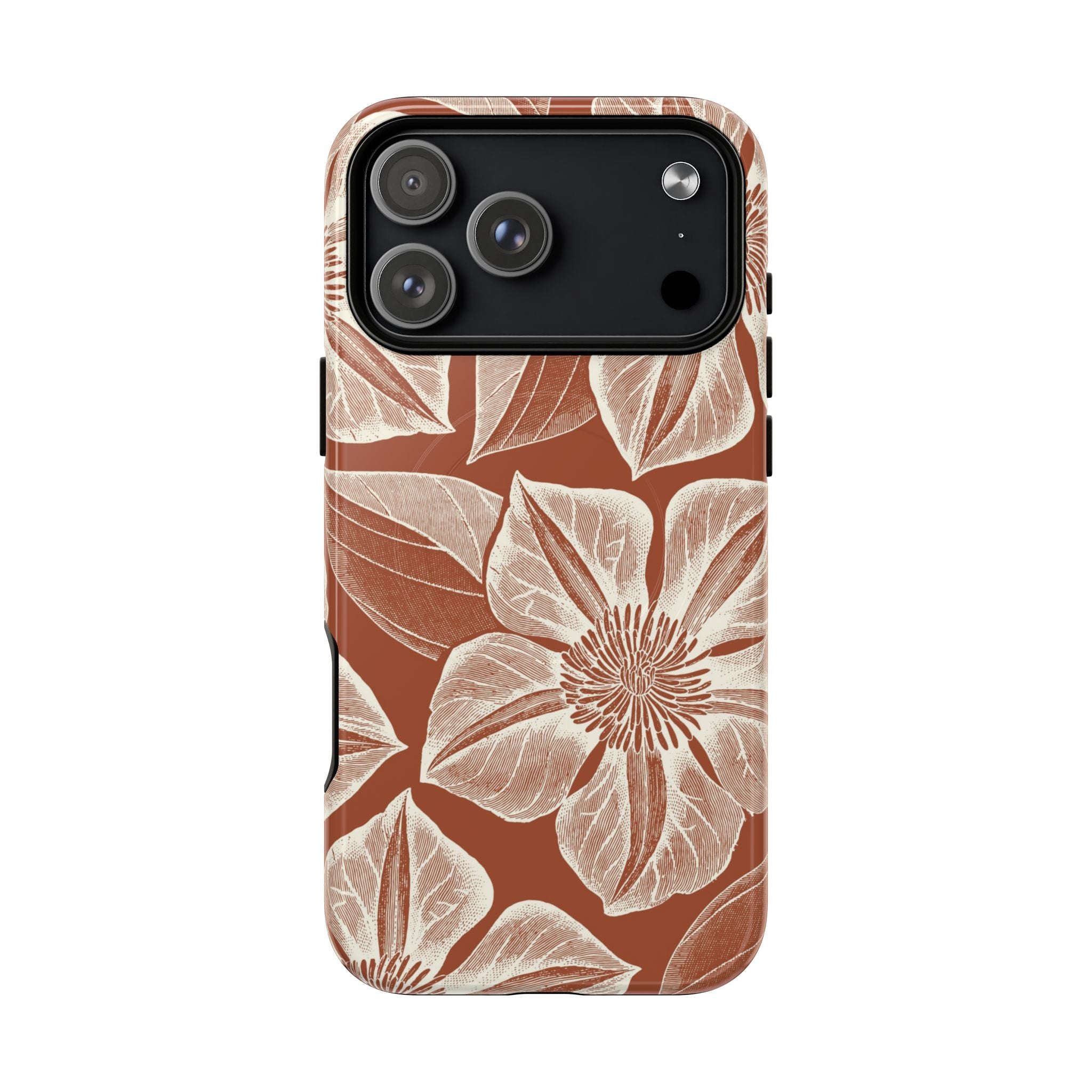 Vintage Bloom Sienna MagSafe iPhone 17 Pro Max – Glossy | sienna ground, large-scale cream clematis print, engraved petal detail, dual-layer protection