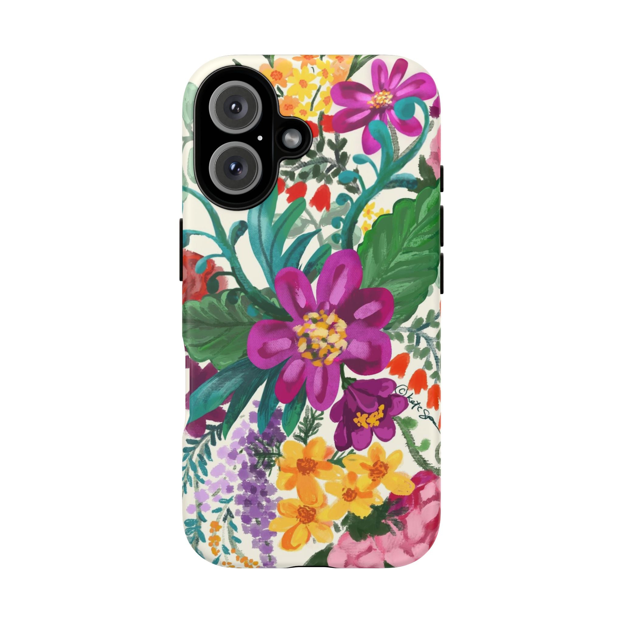 Posy Tough iPhone 16 Case – Matte | cream, magenta, coral botanical floral print