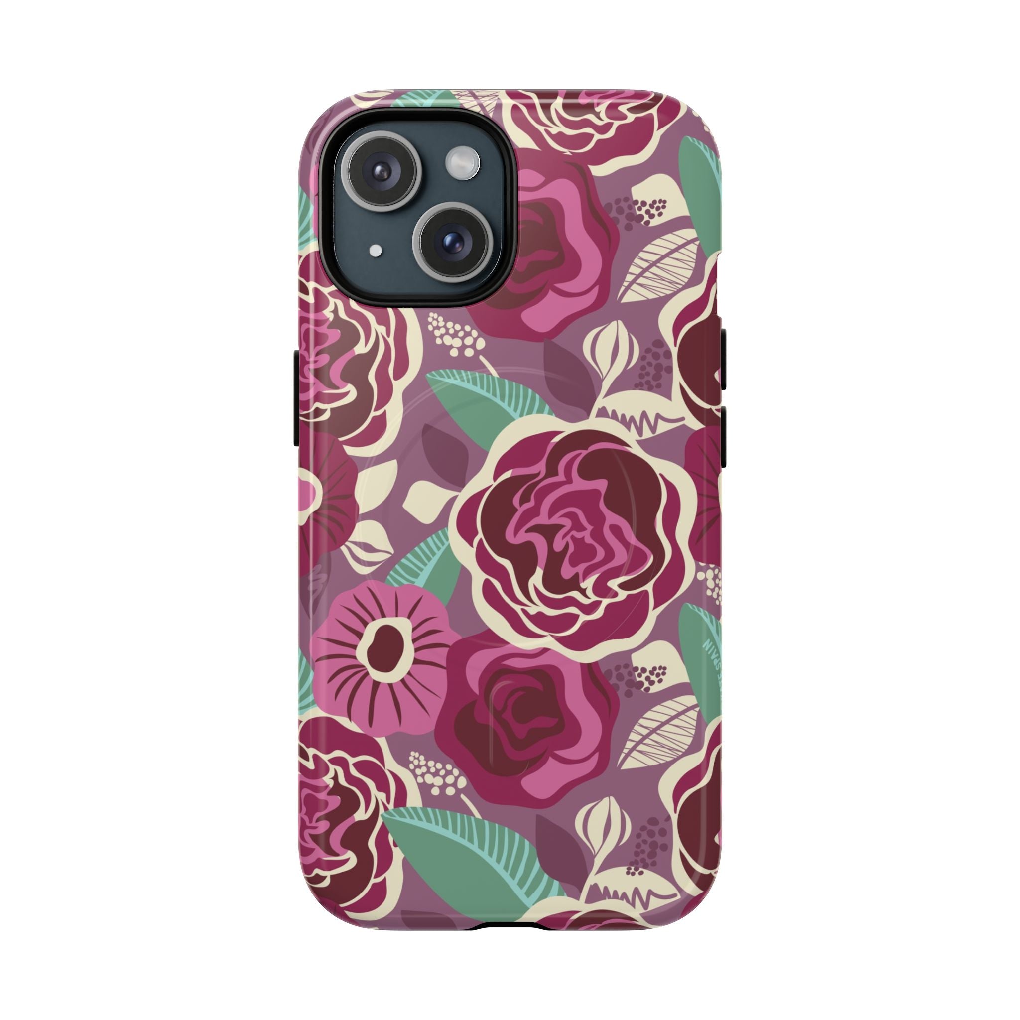 Luxury Tea Rose Burgundy MagSafe iPhone 15 Case – Glossy | burgundy, magenta, plum botanical rose floral print