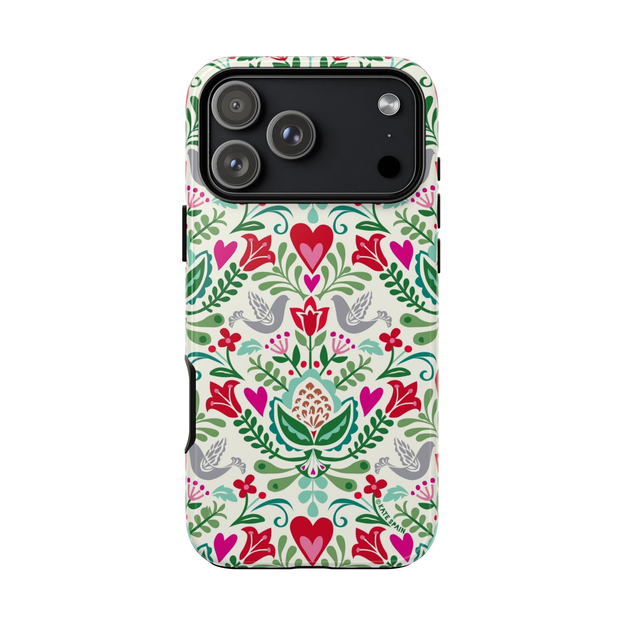 Rosemaling Tough iPhone 17 Pro Max Case – Glossy | cream, red, pink, green, gray folk art floral bird print