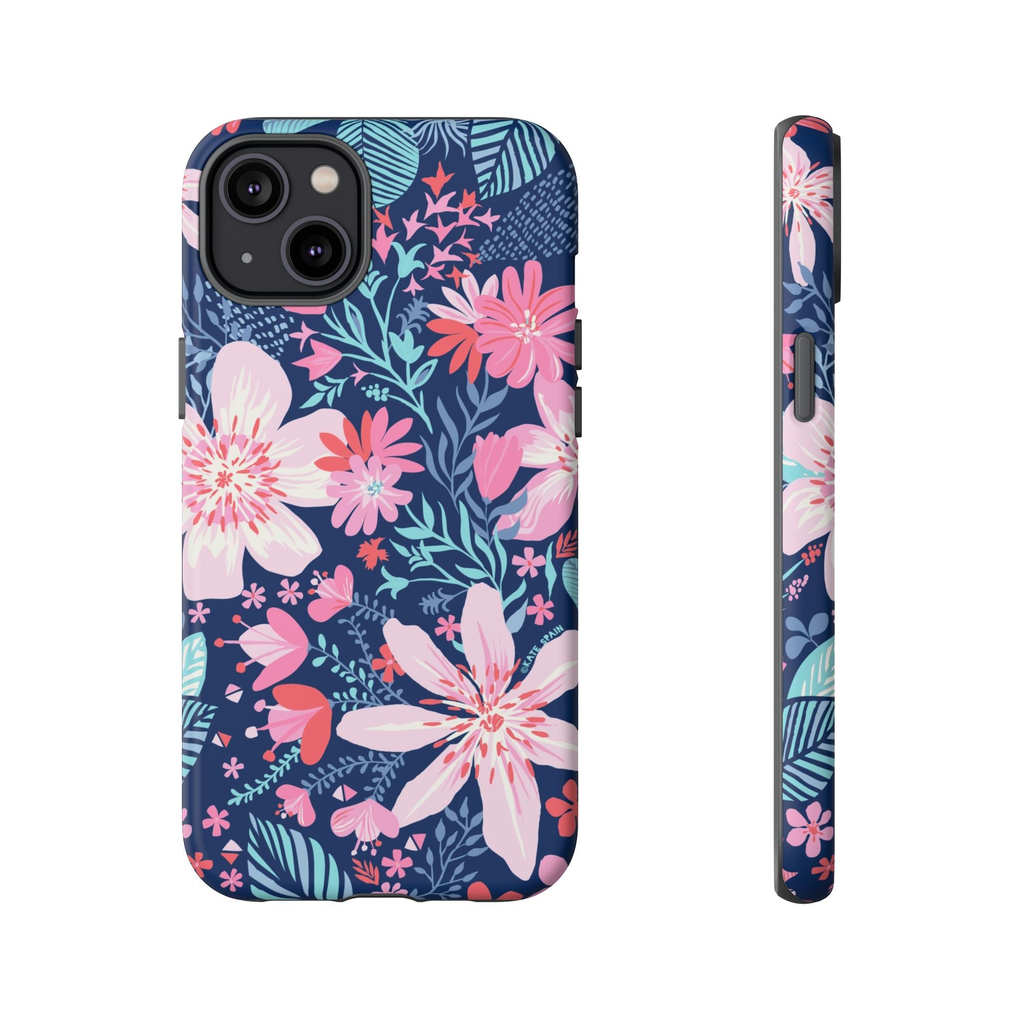 Bonaire Tough iPhone 14 Plus Case – Matte | navy, pink, white tropical floral botanical print