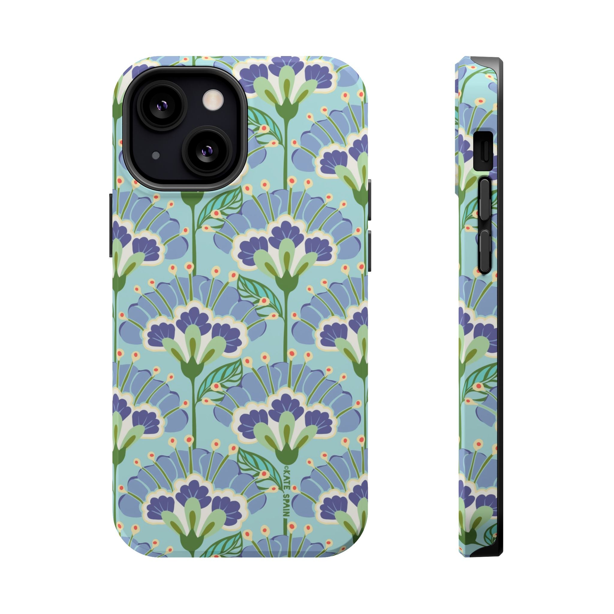 Lantern Flower MagSafe iPhone 13 Mini Case – Matte | aqua, periwinkle, green botanical lantern floral print MagSafe compatible, dual-layer protection