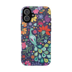 Peacock Sanctuary Tough iPhone 16 Plus Case – Matte | navy, teal, coral multicolor vibrant peacock feather botanical print