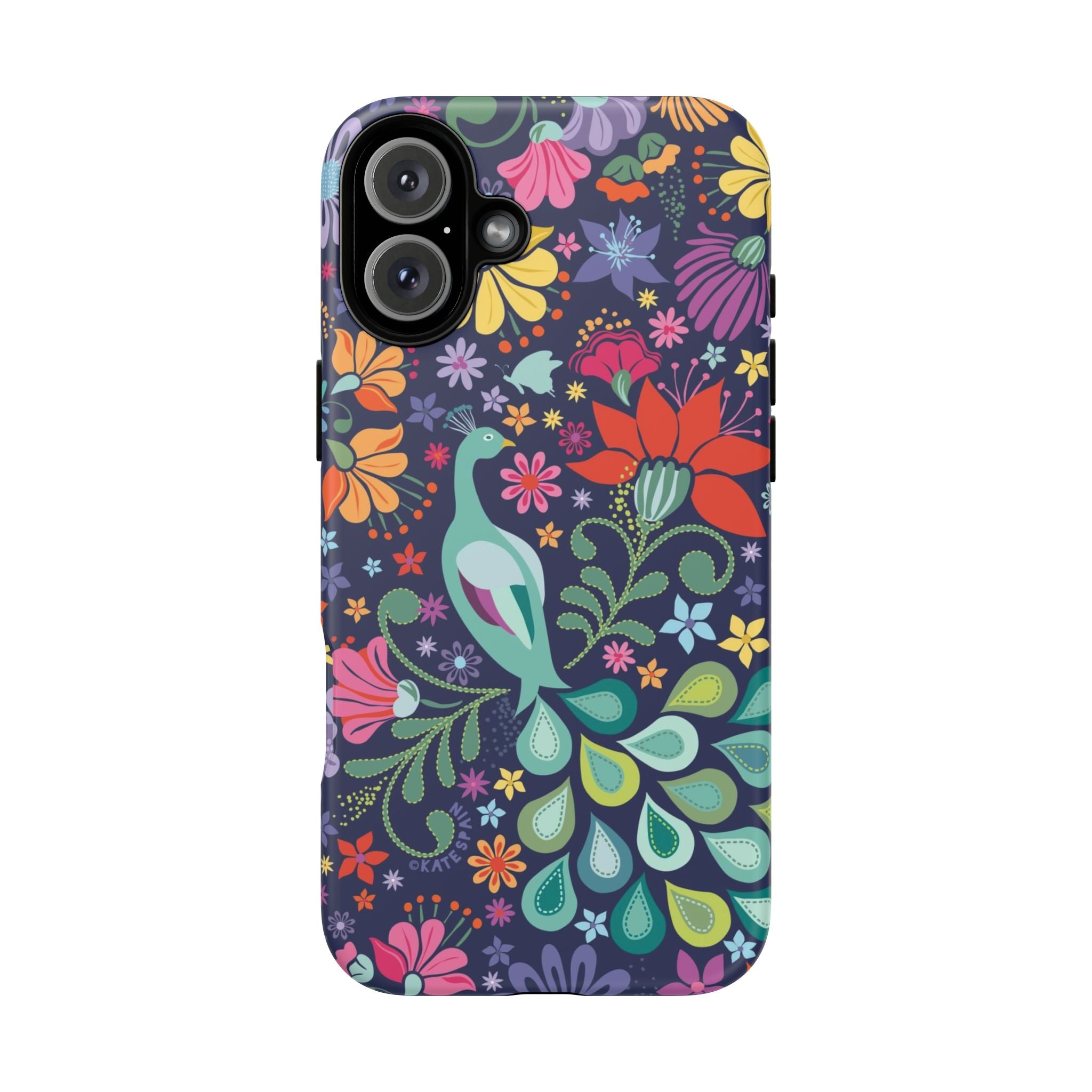 Peacock Sanctuary Tough iPhone 16 Plus Case – Matte | navy, teal, coral multicolor vibrant peacock feather botanical print
