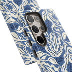 Luxury Ocean Tides Samsung Galaxy S24 Ultra Case – Glossy | 5 lenses in camera of phone in case in blue and white tidal bed ocean print