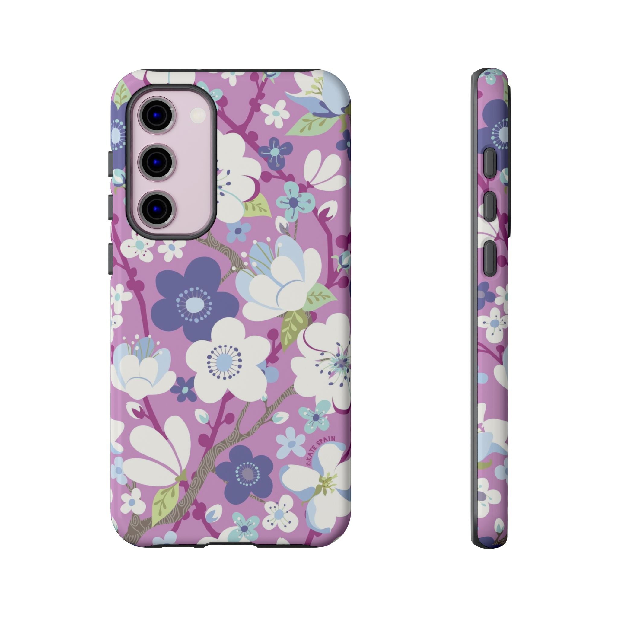 Cherry Blossom Samsung Galaxy S23 Plus Case – Glossy | mauve, white, periwinkle cherry blossom floral print