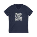 Navy Blue colored vneck t-shirt with white words that say 'Needs Water and Sunlight' in script style text with dragonfly, flower and leaf illustrations around the words.