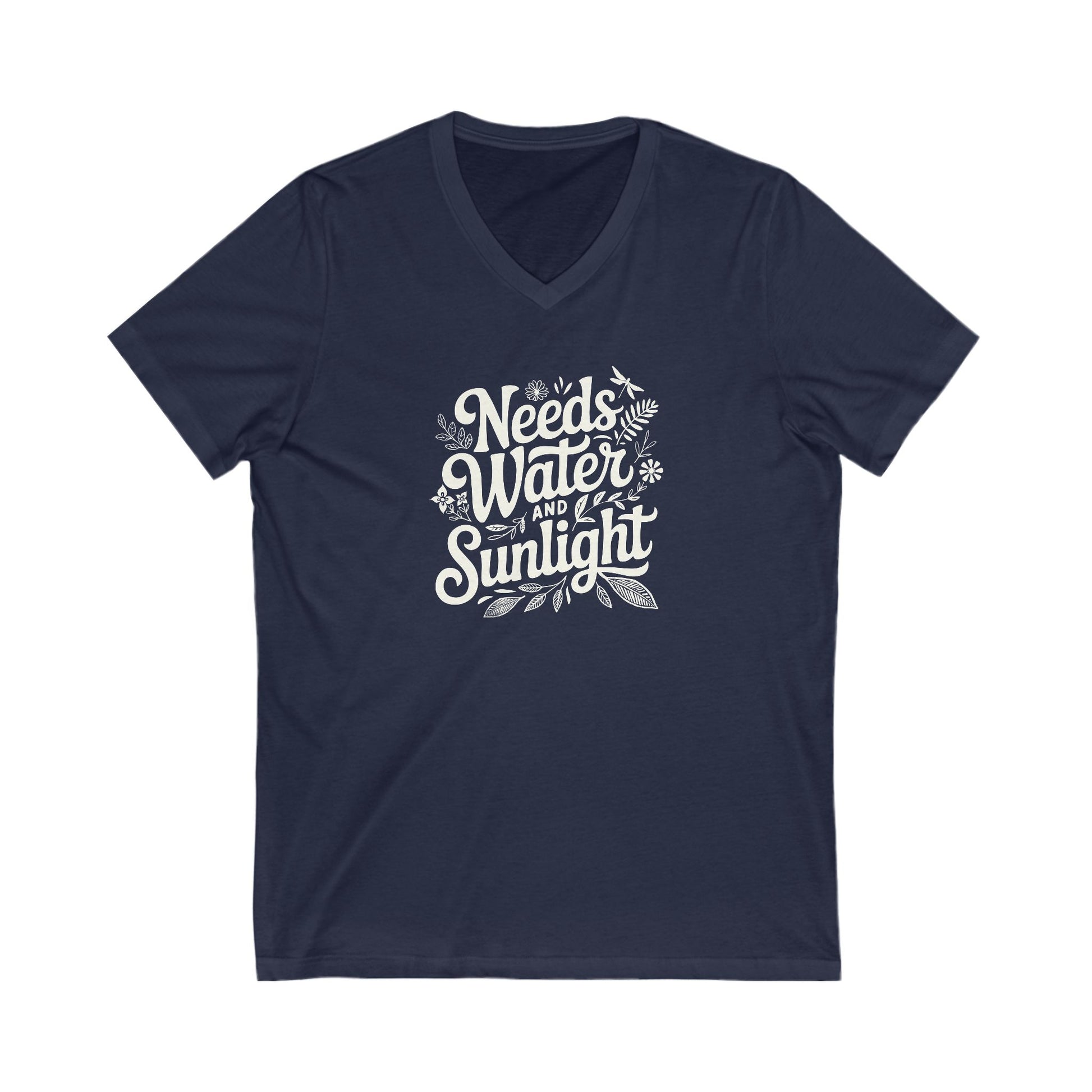 Navy Blue colored vneck t-shirt with white words that say 'Needs Water and Sunlight' in script style text with dragonfly, flower and leaf illustrations around the words.