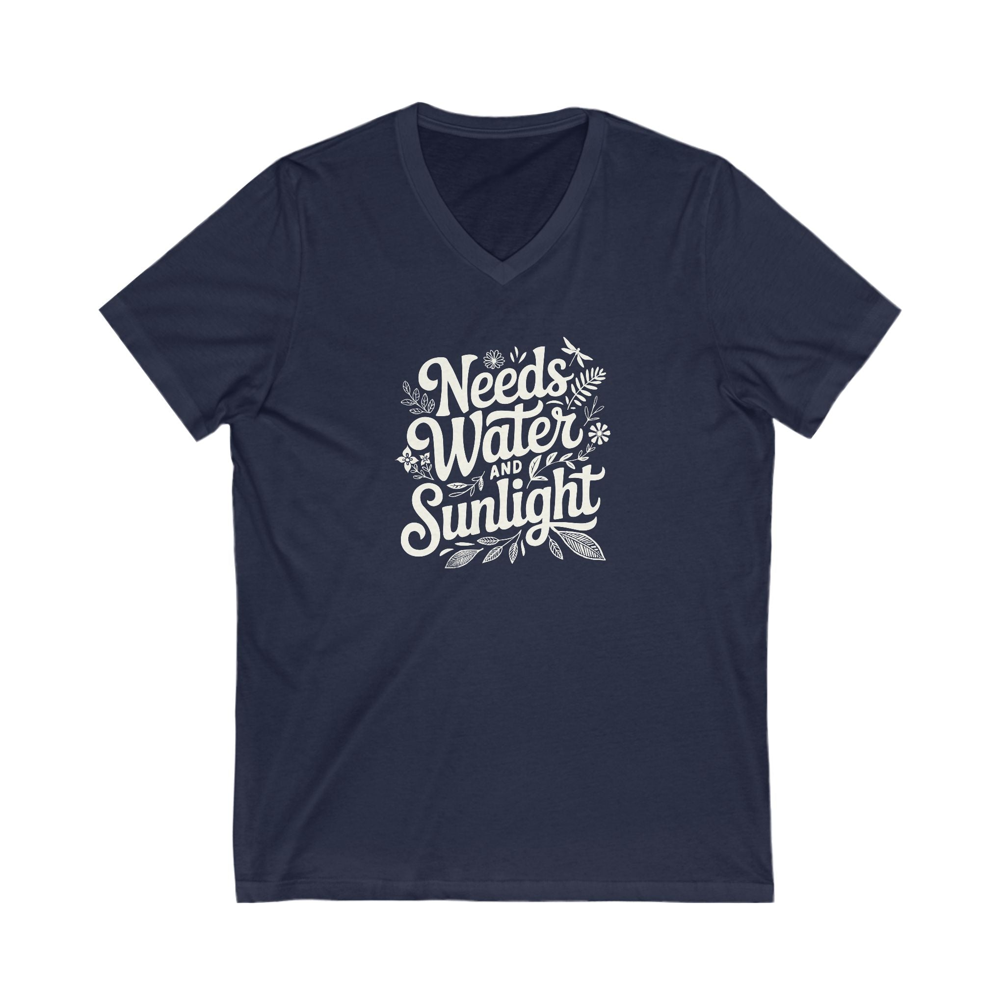 Navy Blue colored vneck t-shirt with white words that say 'Needs Water and Sunlight' in script style text with dragonfly, flower and leaf illustrations around the words.