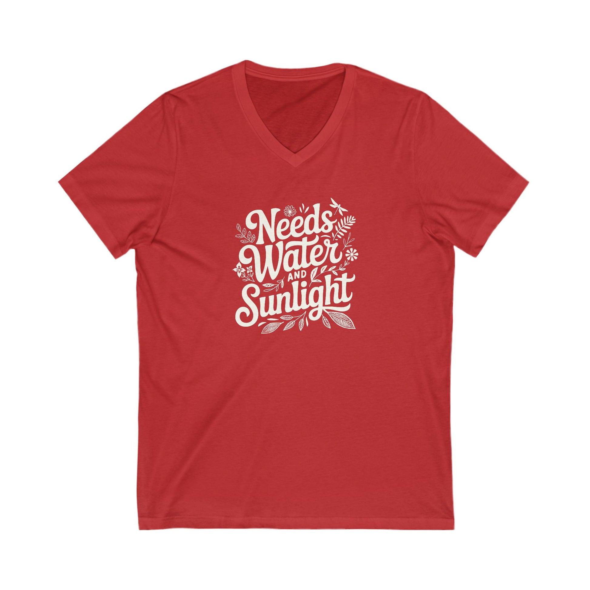 Red colored vneck t-shirt with white words that say 'Needs Water and Sunlight' in script style text with dragonfly, flower and leaf illustrations around the words.