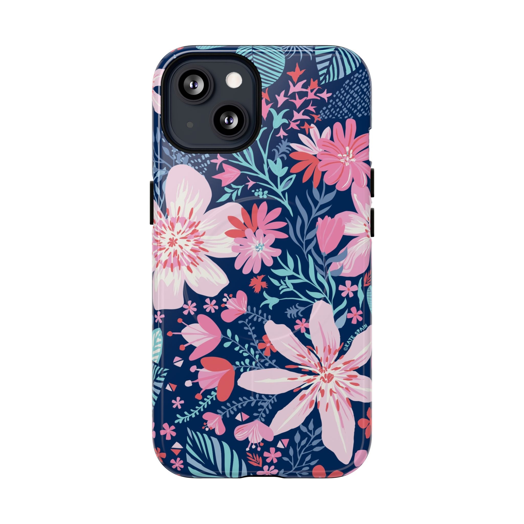 Bonaire MagSafe iPhone 13 Case – Glossy | navy, pink, white tropical floral botanical print